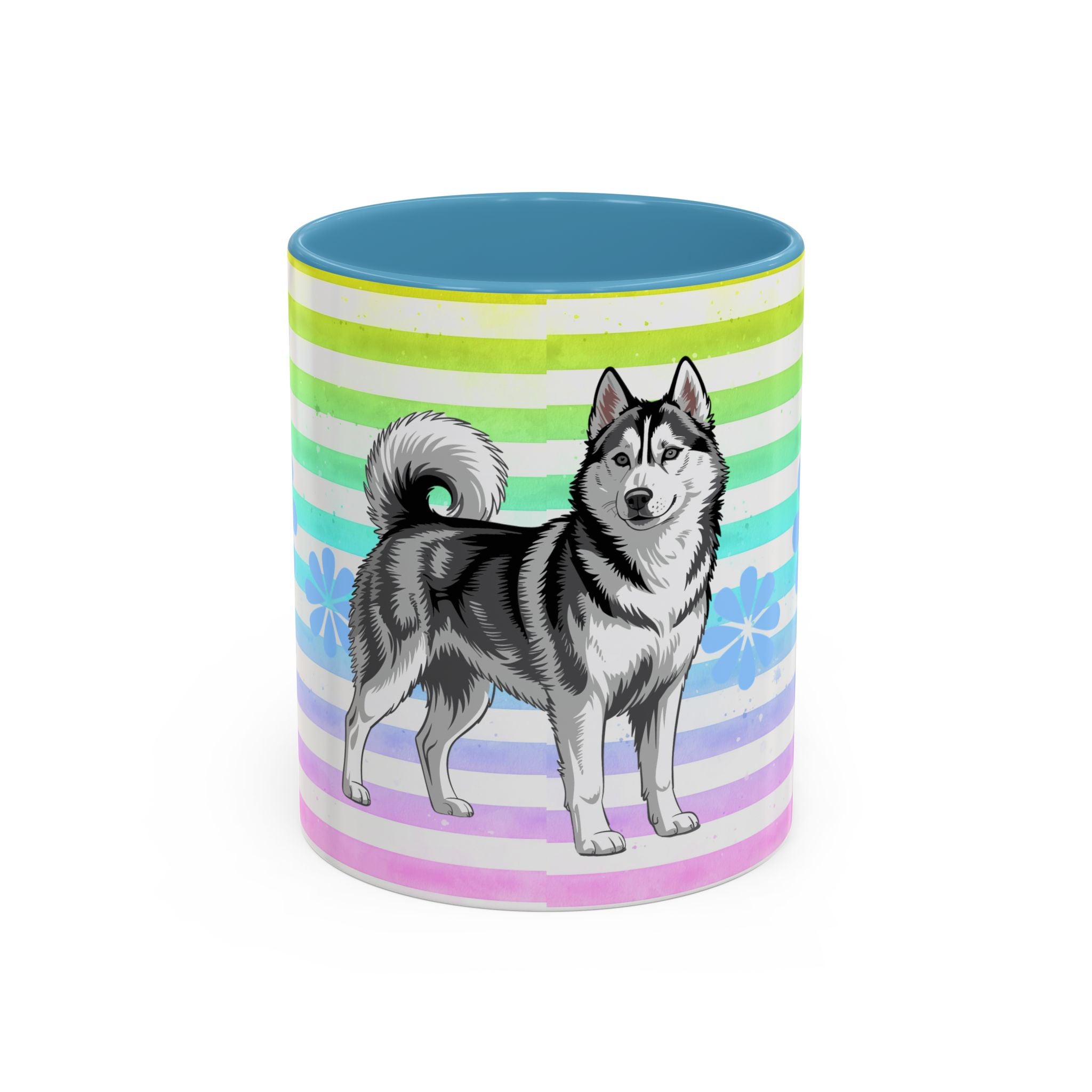 Siberian Husky Coffee Mug — Cute Black & Husky Pup on Rainbow Stripes (Accent Mug 11/15oz)