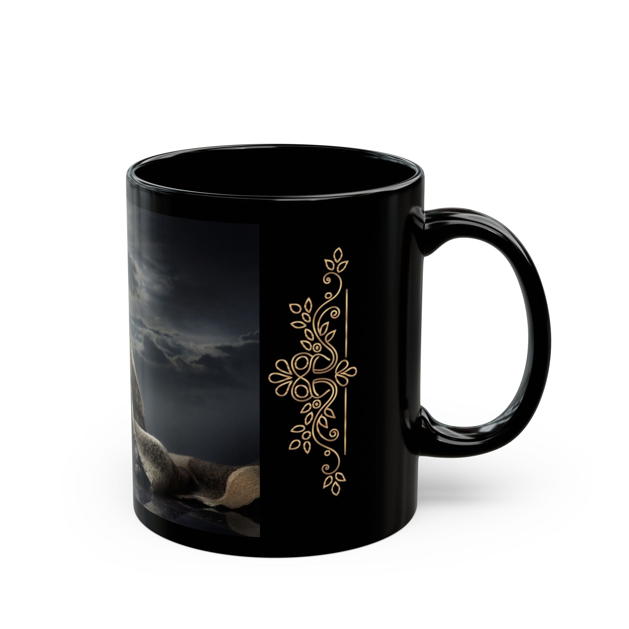 Pug Portrait Black Mug (11oz/15oz) — Regal Pug with Ornamental Accent
