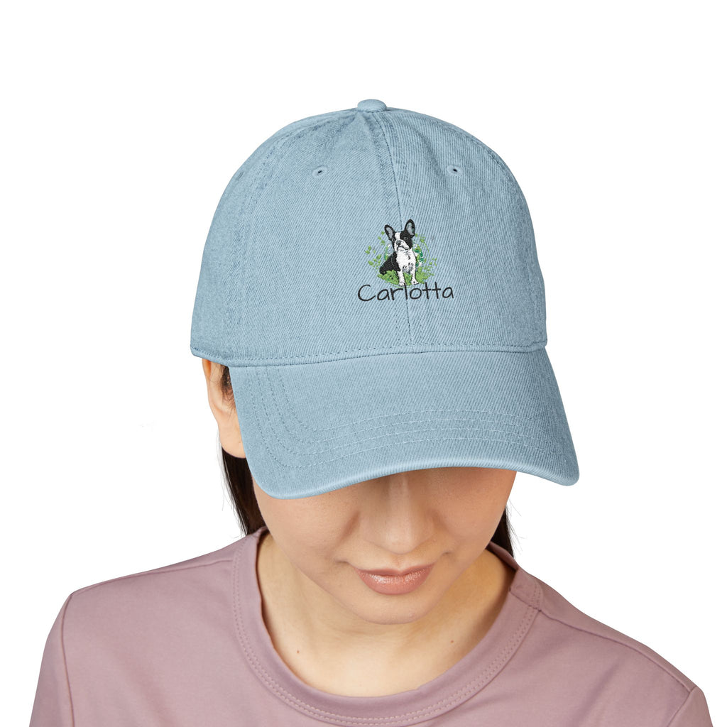 Embroidered Green Floral Pug Denim Hat — Vintage Casual Baseball Cap