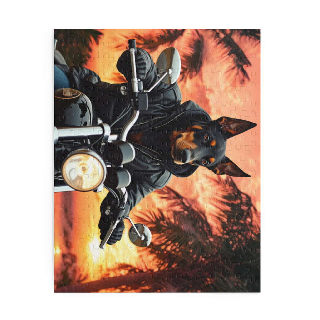 Dobermann Biker Jigsaw Puzzle — Sunset Motorcycle Scene | Dog Lover Gift