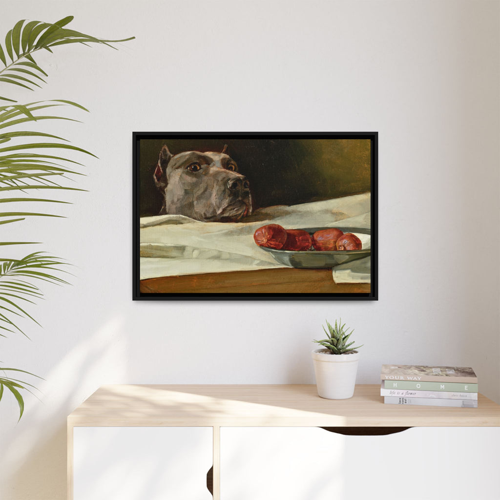 Framed Matte Canvas Print — Great Dane Dog & The Sausage Still Life Wall Art