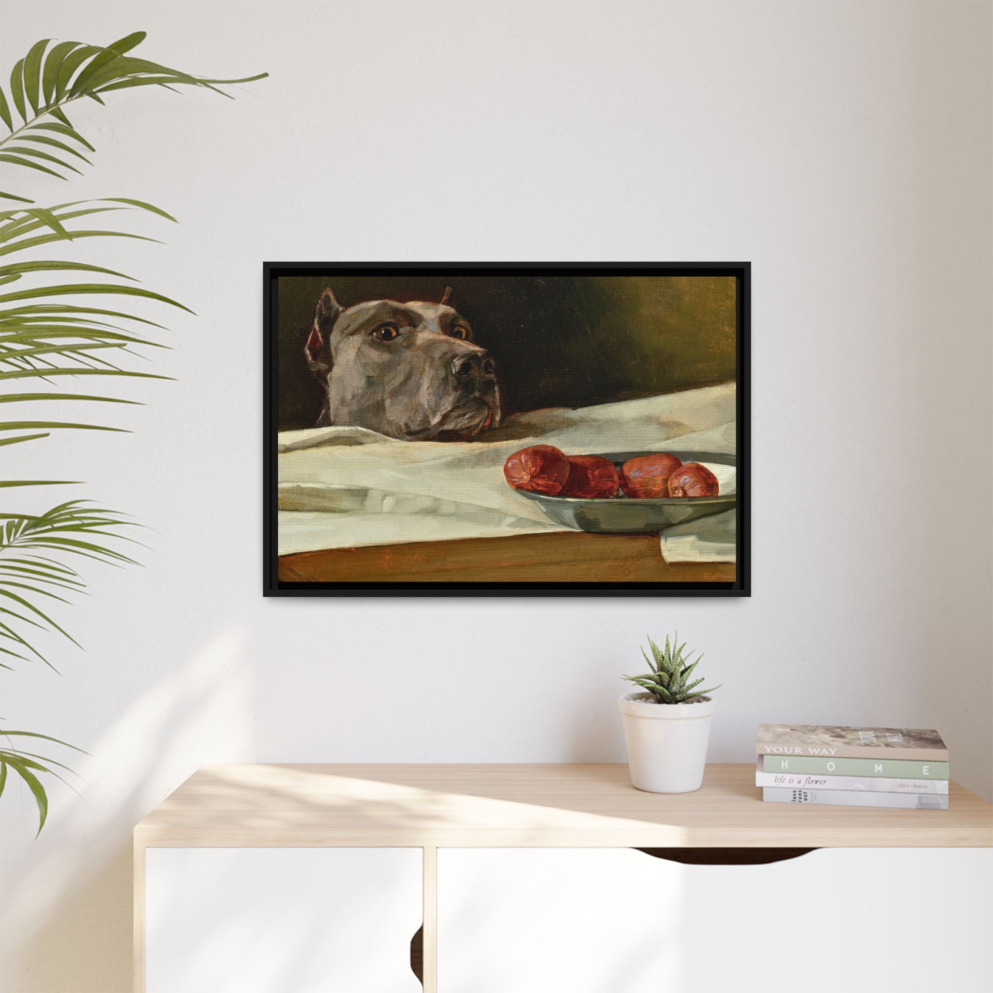Framed Matte Canvas Print — Great Dane Dog & The Sausage Still Life Wall Art