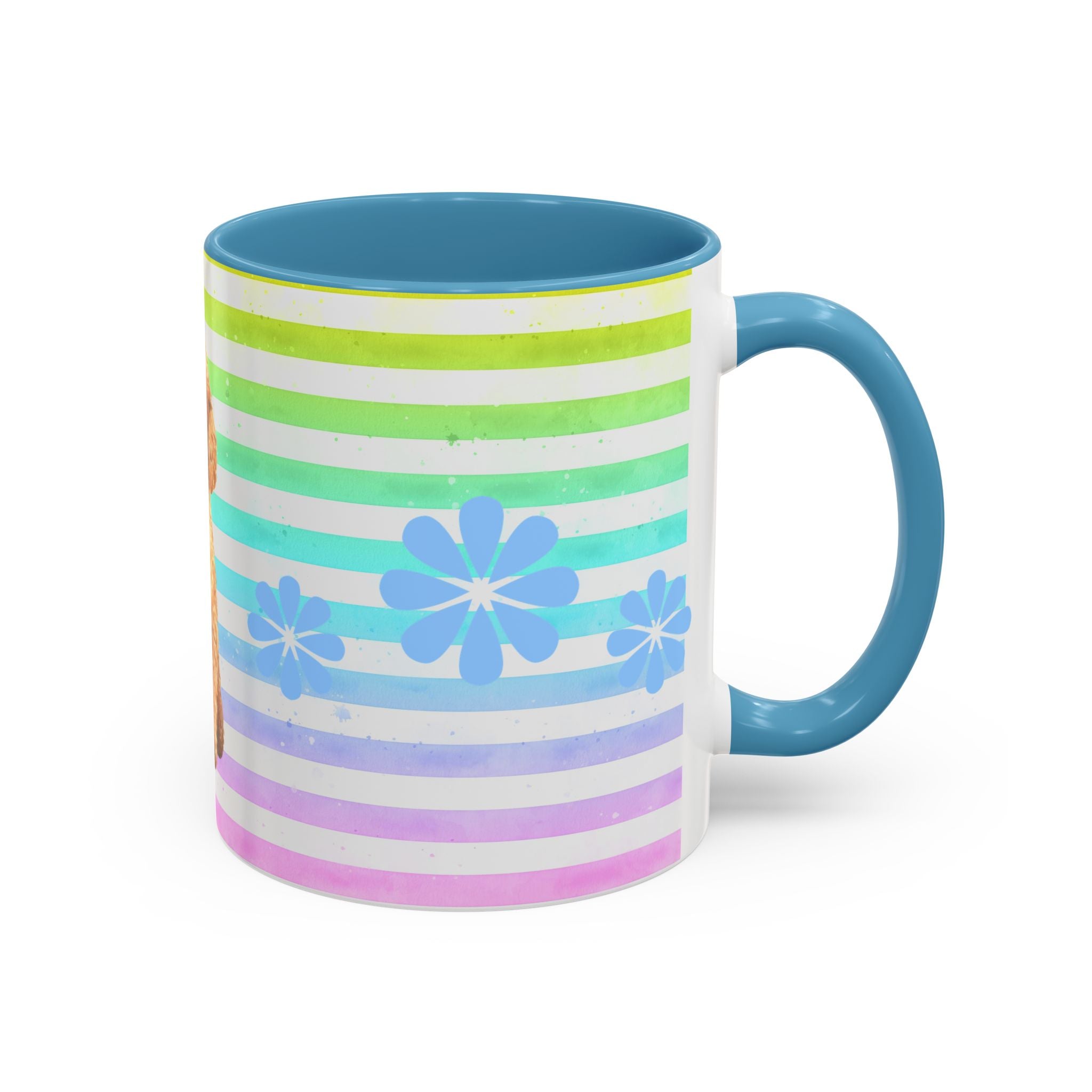 Apricot Poodle Coffee Mug — Cute Fluffy Pup on Rainbow Stripes (Accent Mug 11/15oz)