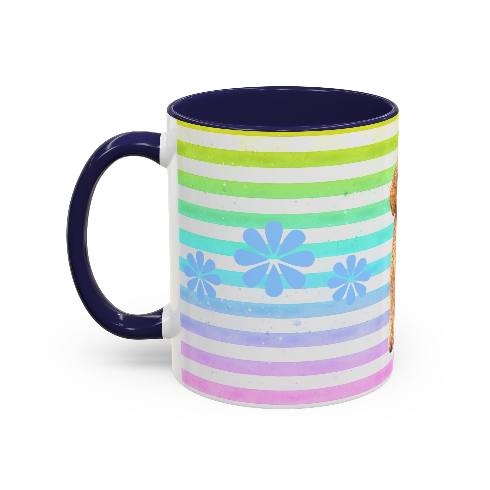 Apricot Poodle Coffee Mug — Cute Fluffy Pup on Rainbow Stripes (Accent Mug 11/15oz)