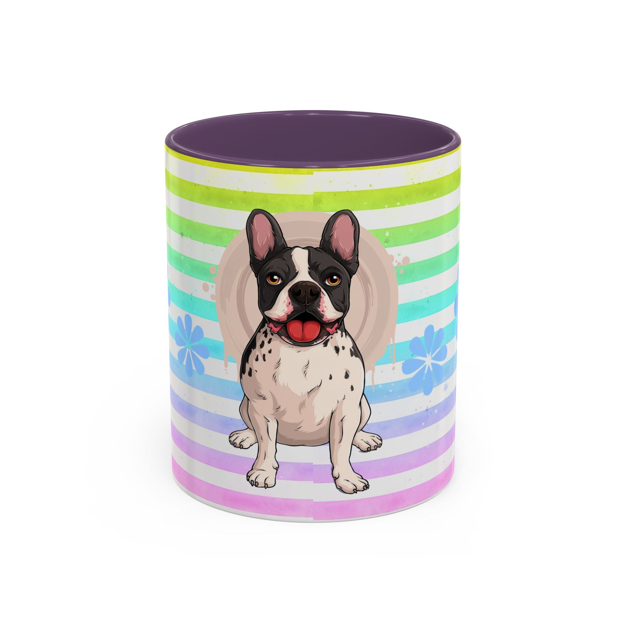 French Bulldog Coffee Mug — Cute Black & White Pup on Rainbow Stripes (Accent Mug 11/15oz)