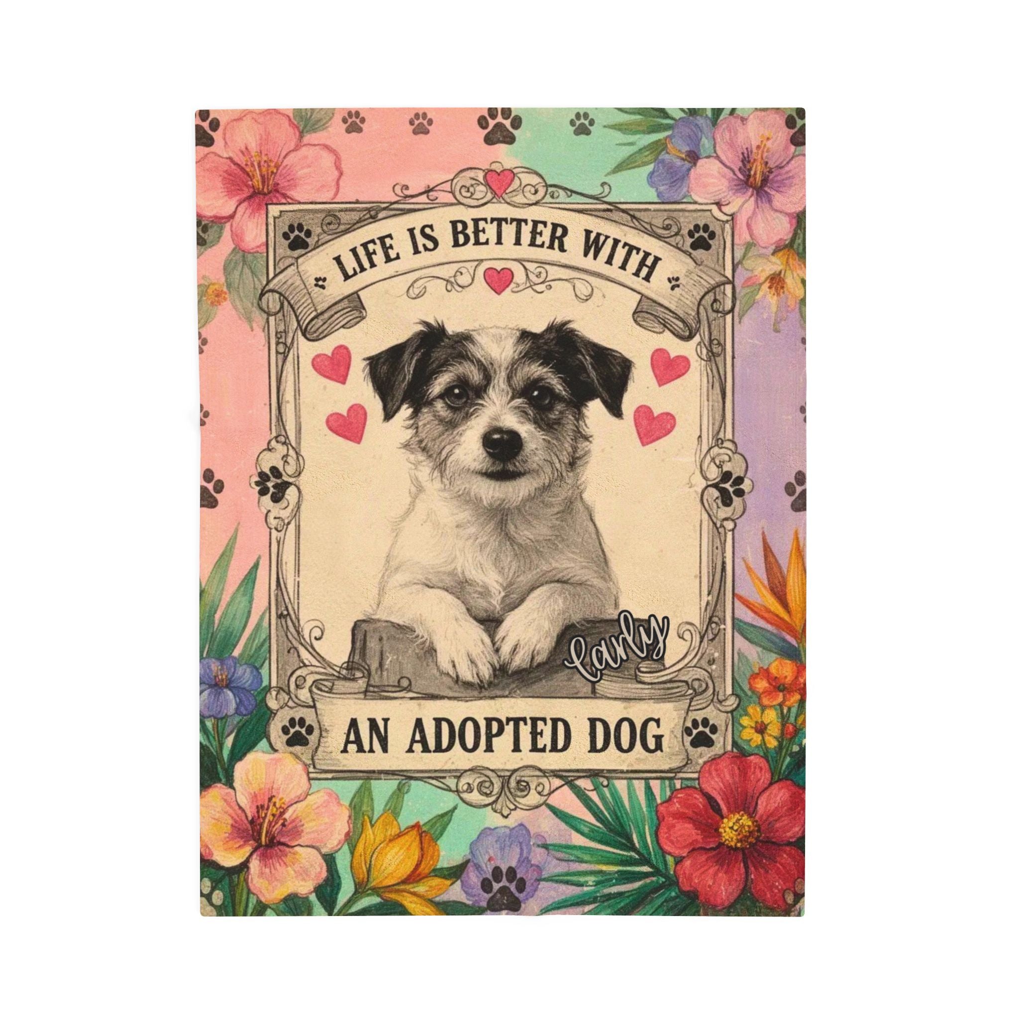 Personalized Dog Portrait Blanket — Pastel Floral & Adopted Dog | Custom Name & Photo