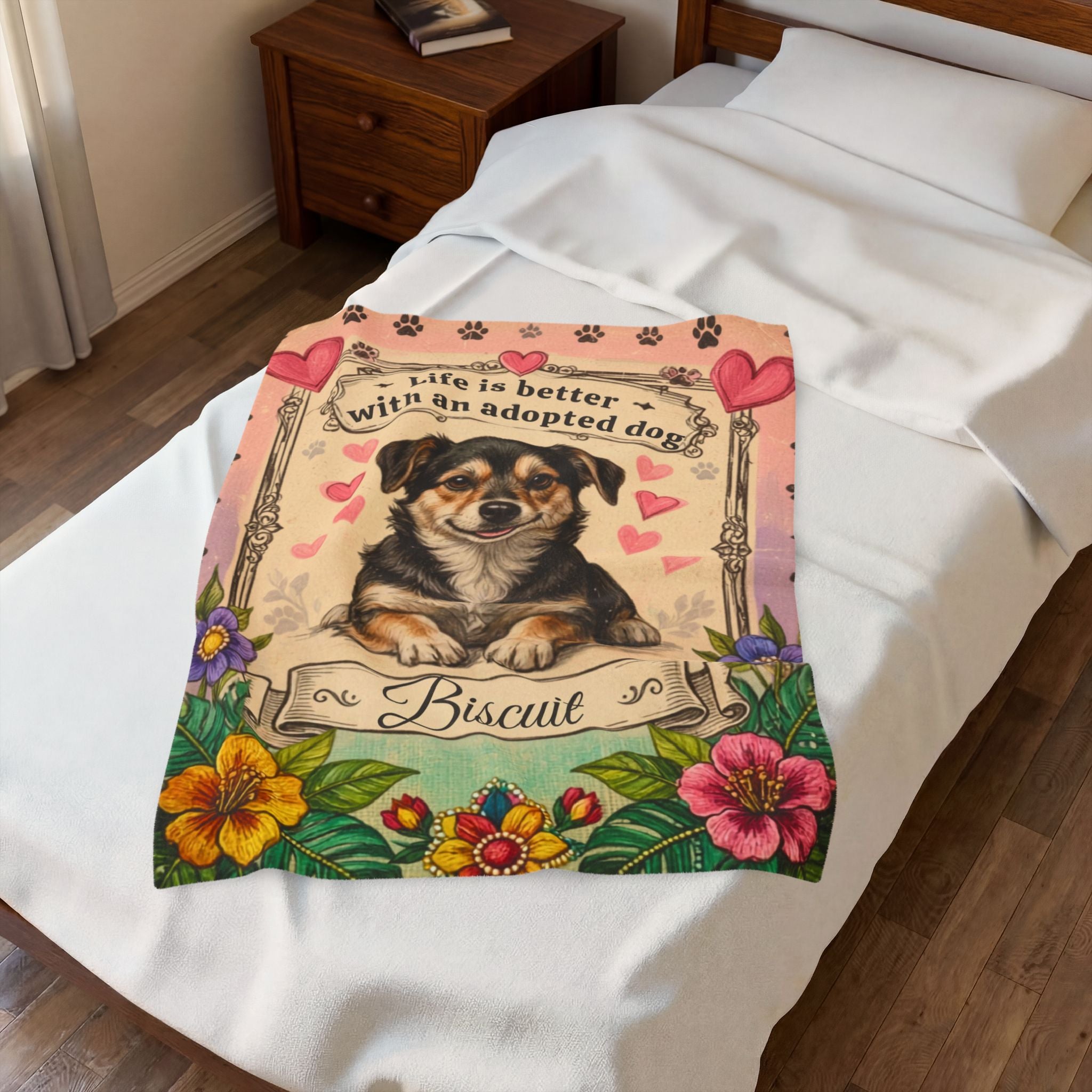 Personalized Dog Portrait Blanket — Hearts & Flowers Adopted Dog | Custom Name & Photo