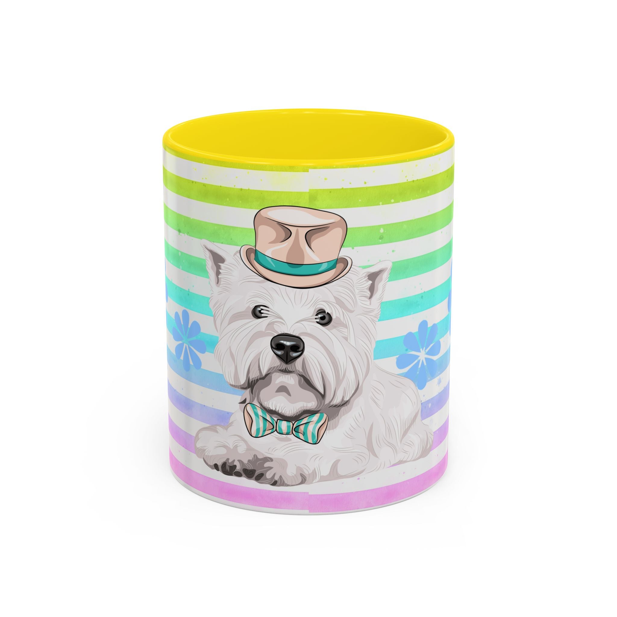 West Highland Terrier Coffee Mug — Cute White Pup on Rainbow Stripes (Accent Mug 11/15oz)