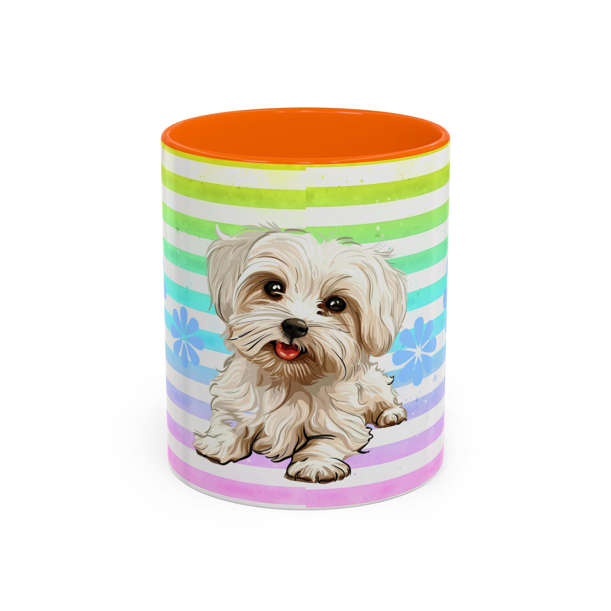 Maltese Dog Coffee Mug — Cute White Pup on Rainbow Stripes