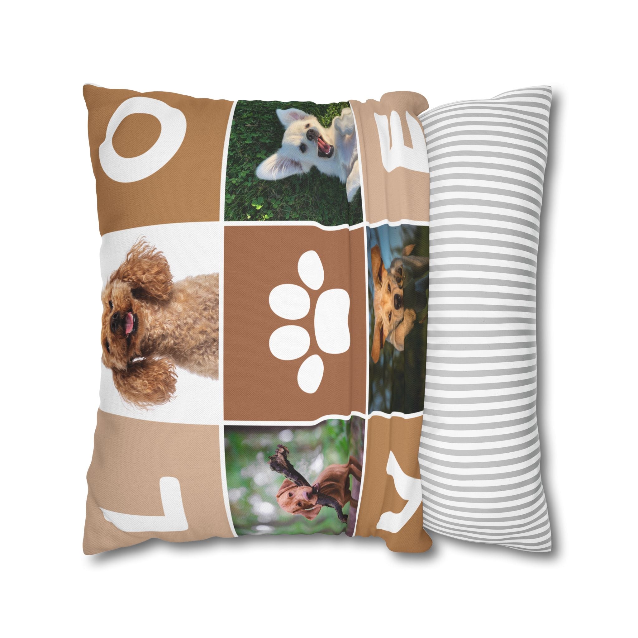 Dog Photo Collage Square Pillow — "LOVE" Paw Print Decorative Pillowcase