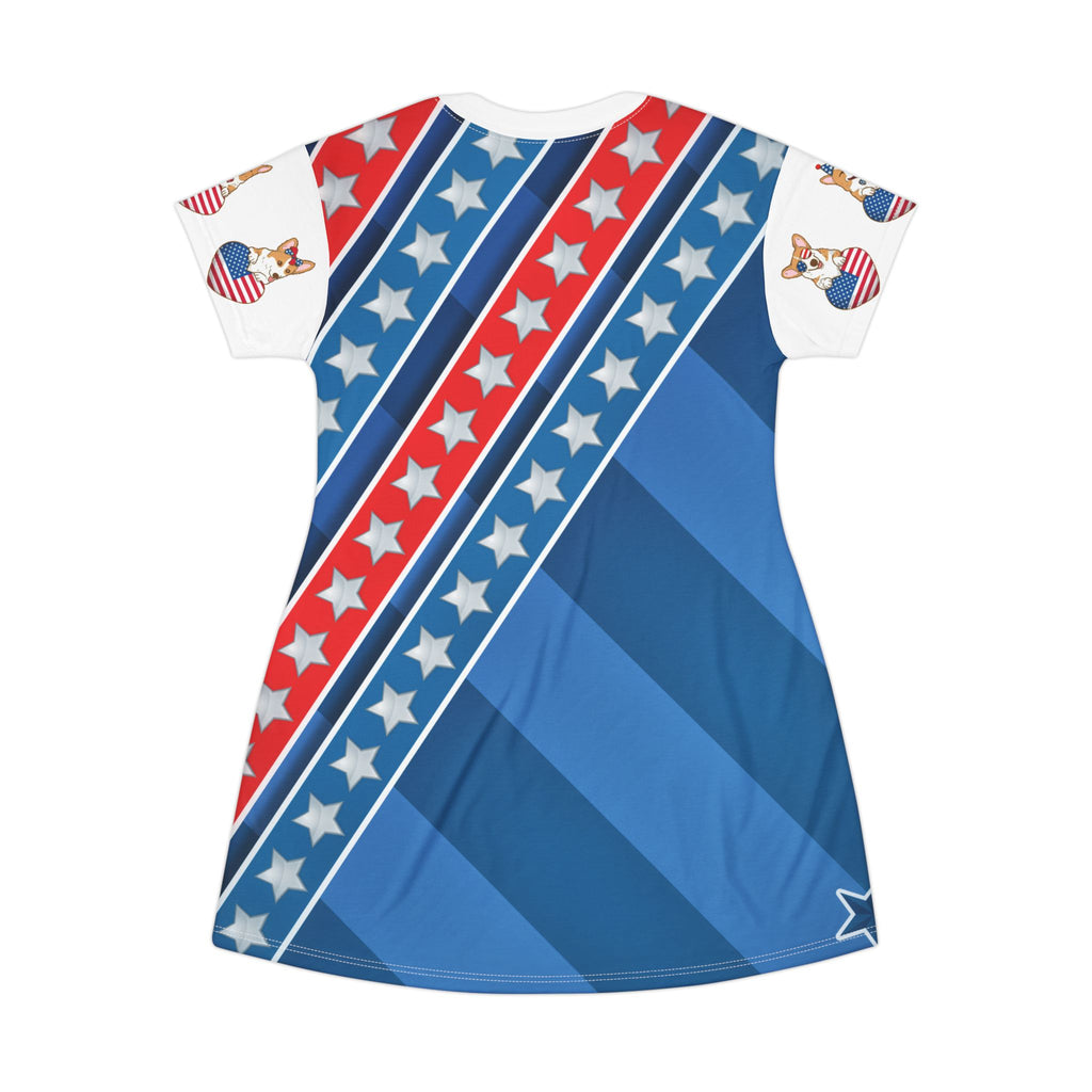 Patriotic Stars & Stripes T-Shirt Dress — USA Flag Diagonal Print