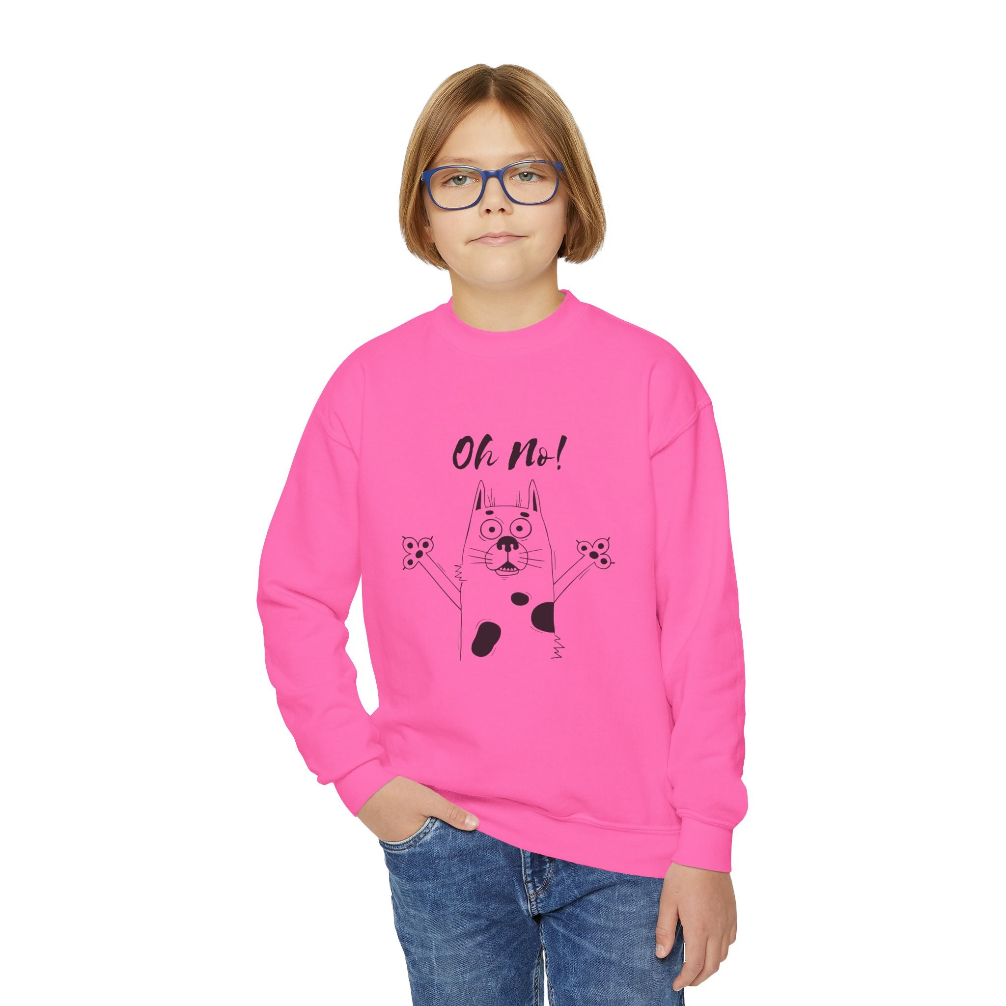 Youth Sweatshirt — "Oh No!" Surprised Dog Cartoon Graphic Crewneck