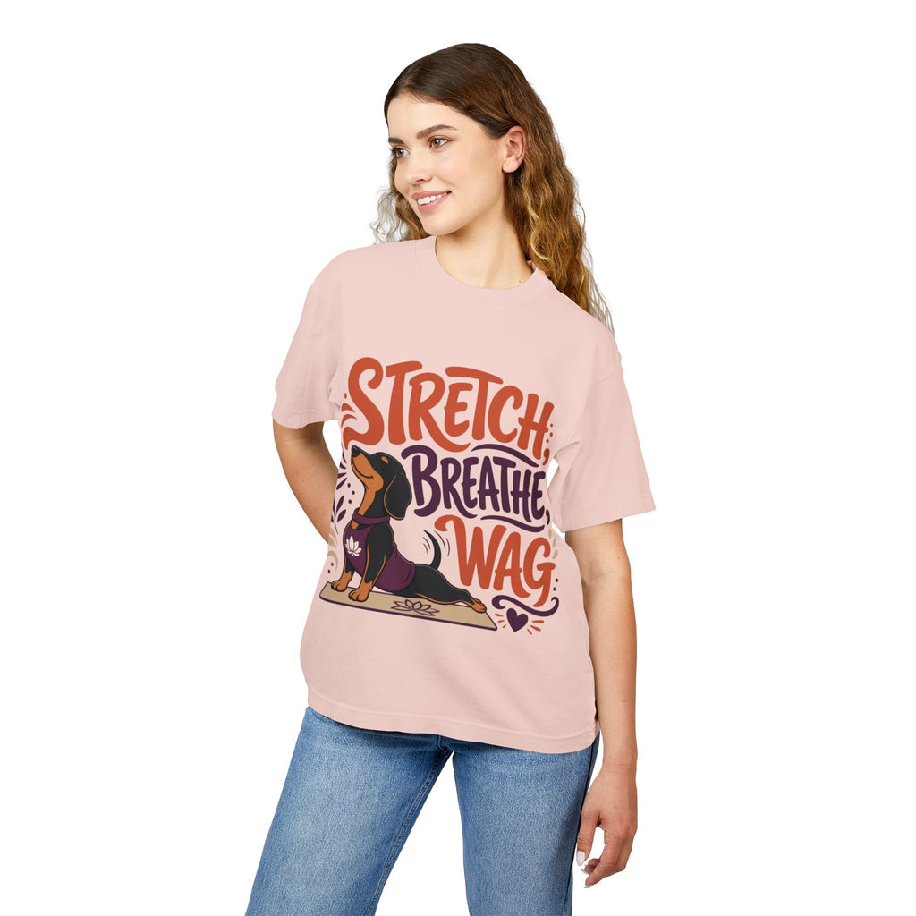 Stretch. Breathe. Wag. — Dachshund Yoga T‑Shirt for Dog Lovers