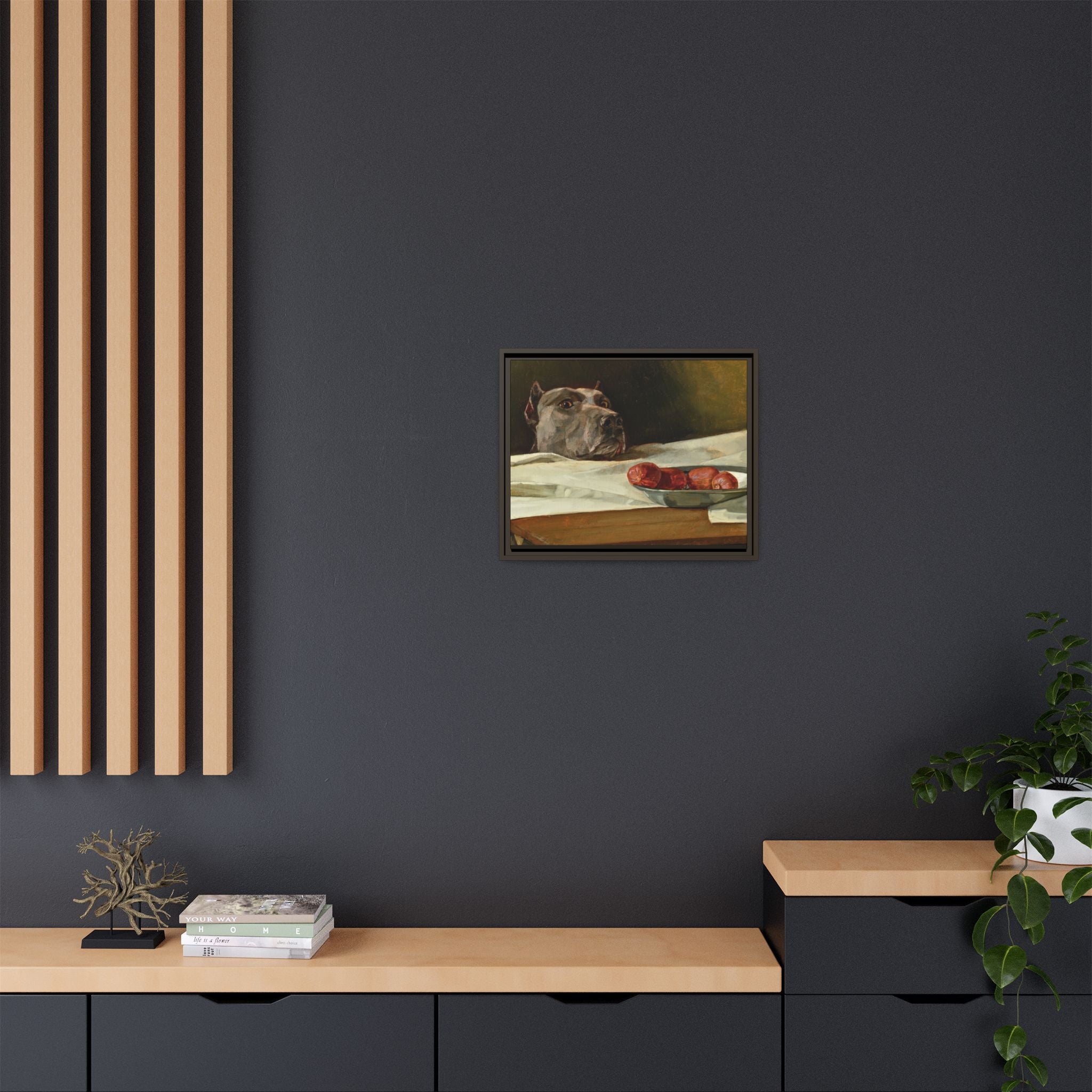 Framed Matte Canvas Print — Great Dane Dog & The Sausage Still Life Wall Art