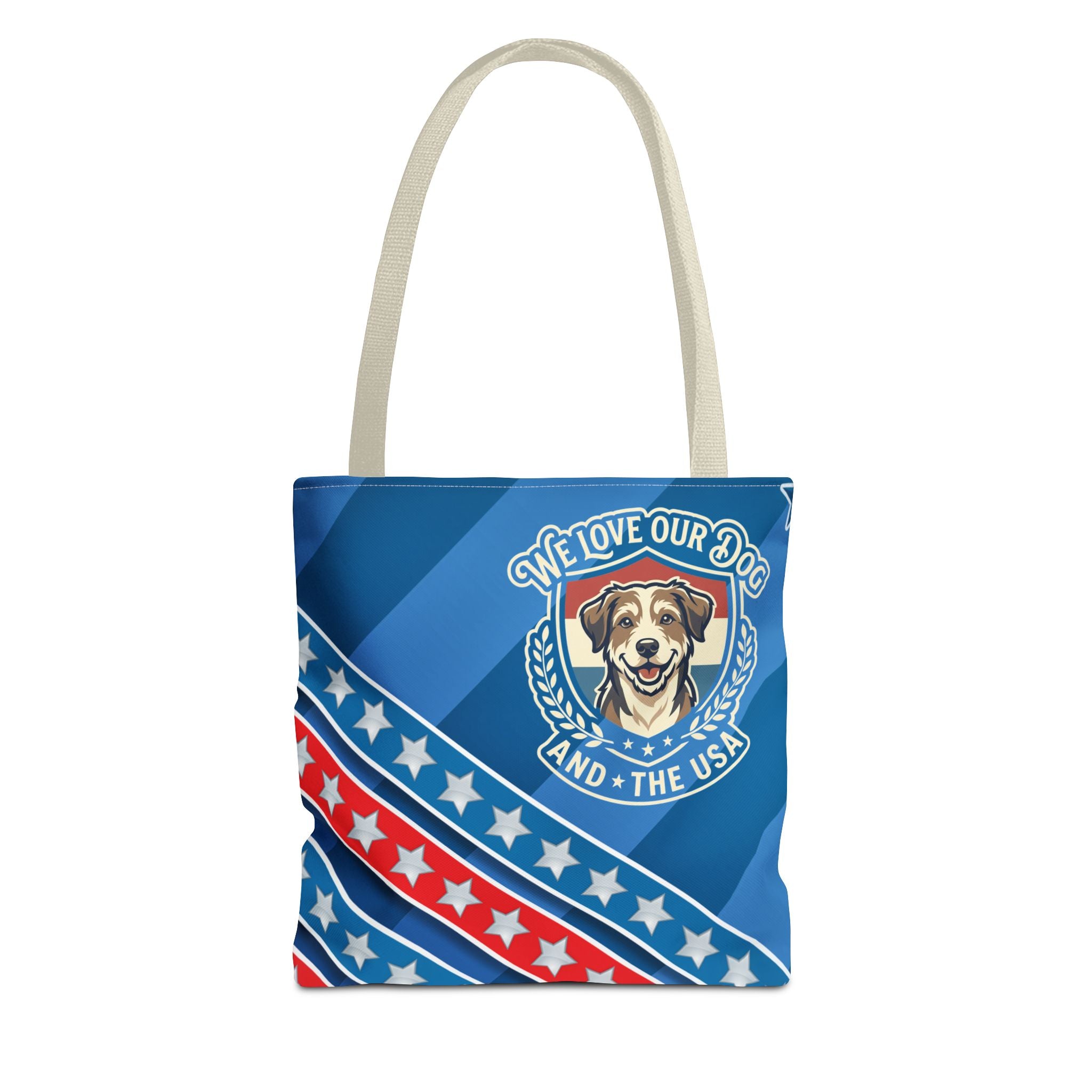 Patriotic Dog Tote Bag — "We Love Our Dog and the USA" AOP Tote