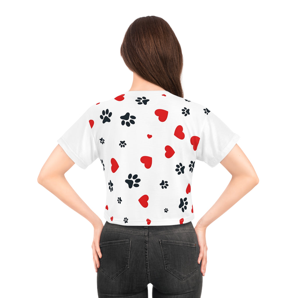 Dog Paw Print Crop Tee — All-Over Print with Hearts | Dog Lover Gift