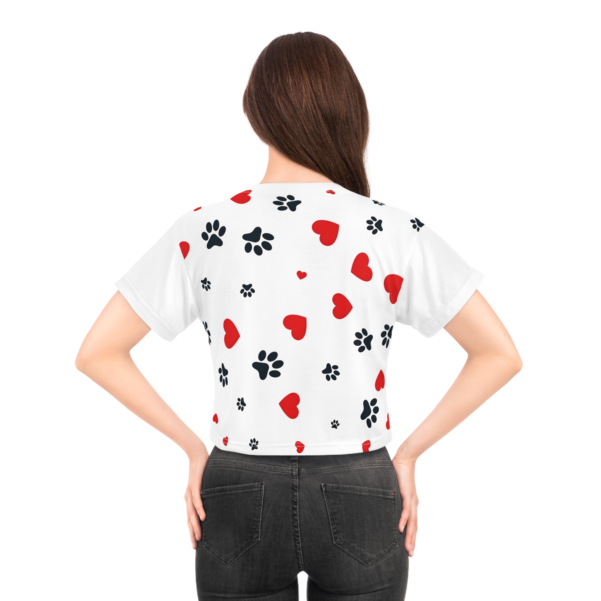 Dog Paw Print Crop Tee — All-Over Print with Hearts | Dog Lover Gift