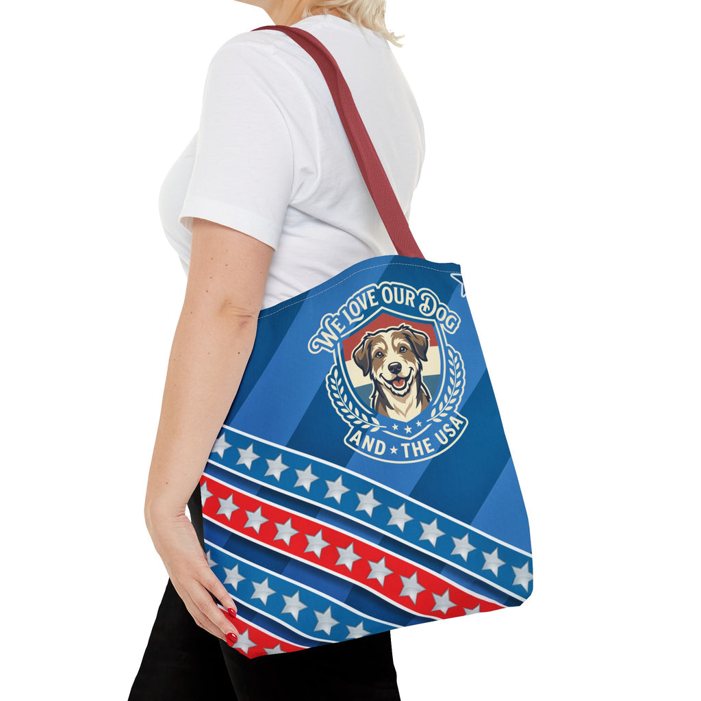 Patriotic Dog Tote Bag — "We Love Our Dog and the USA" AOP Tote