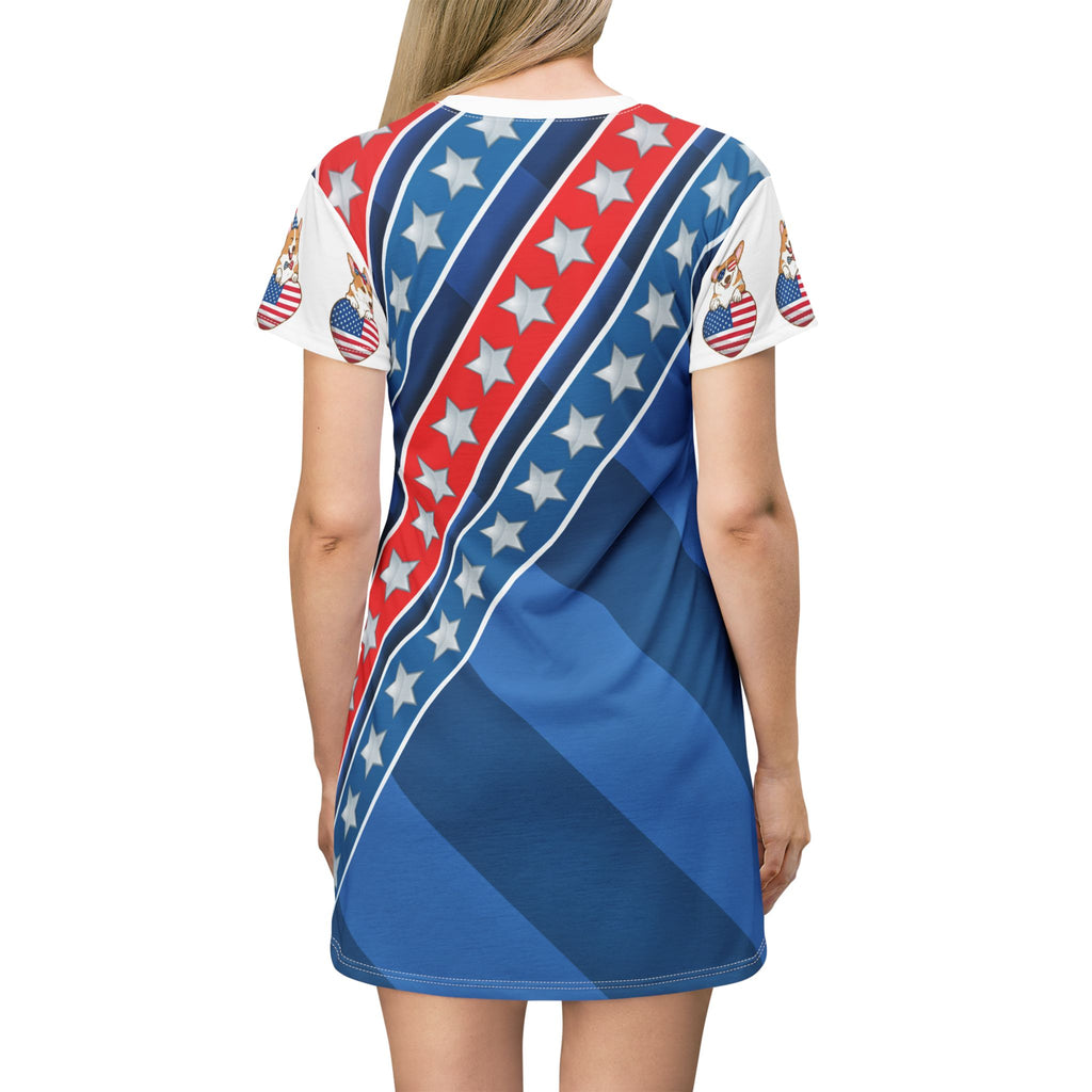 Patriotic Stars & Stripes T-Shirt Dress — USA Flag Diagonal Print