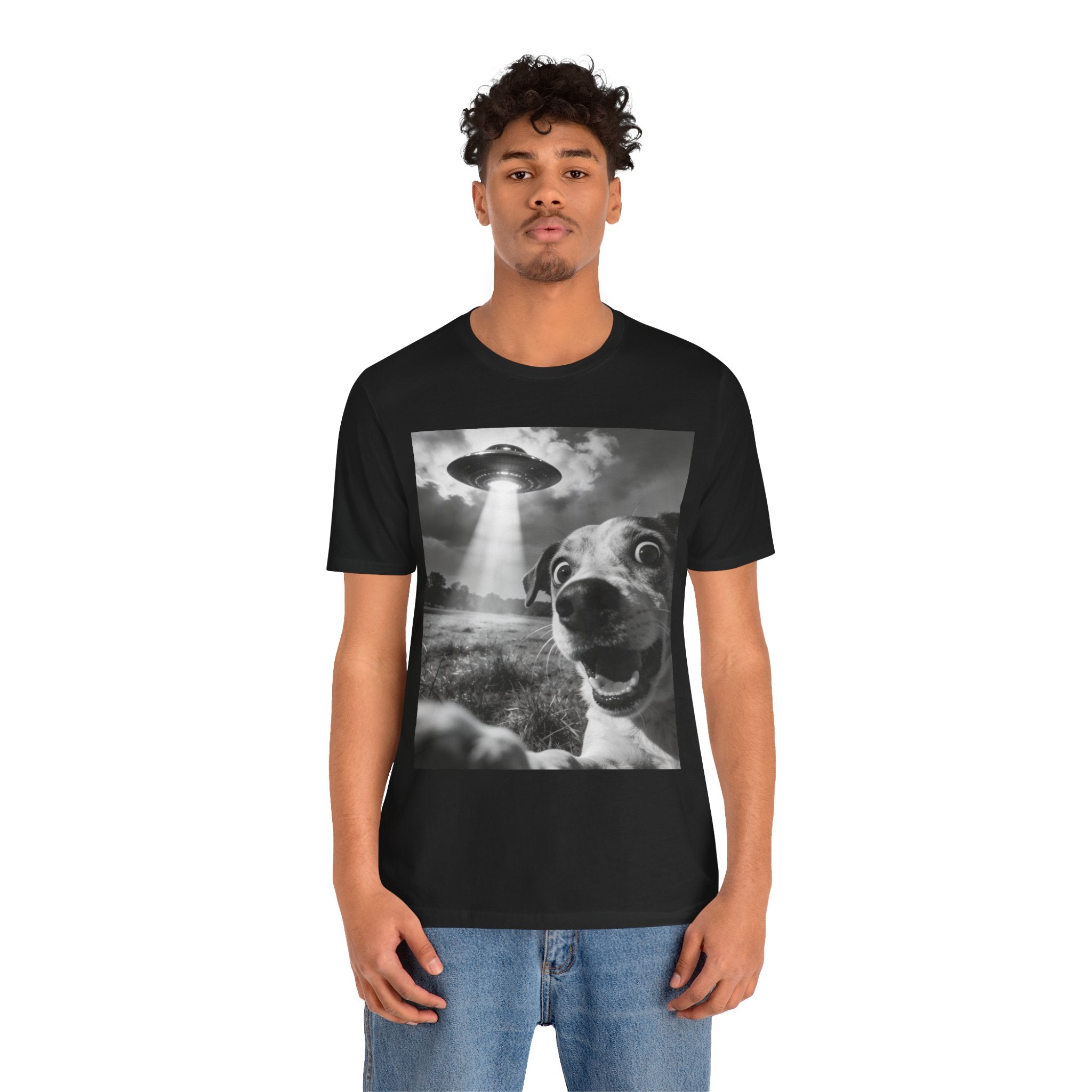 UFO Dog Photo Tee — "Check the Front… SERIOUSLY!" Graphic T-Shirt