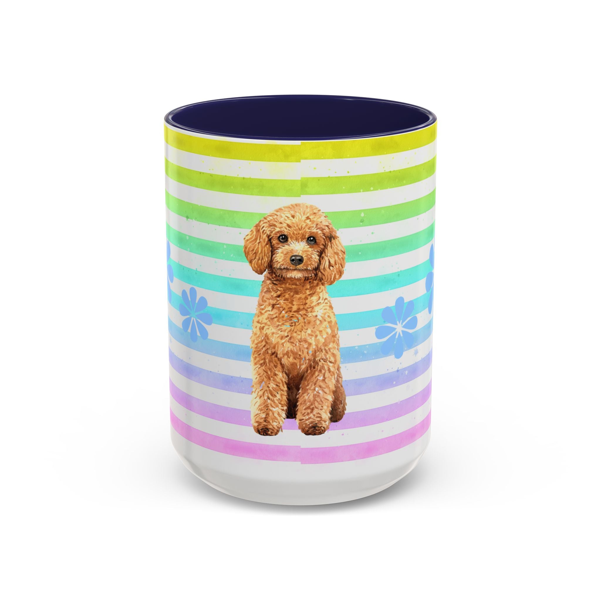 Apricot Poodle Coffee Mug — Cute Fluffy Pup on Rainbow Stripes (Accent Mug 11/15oz)