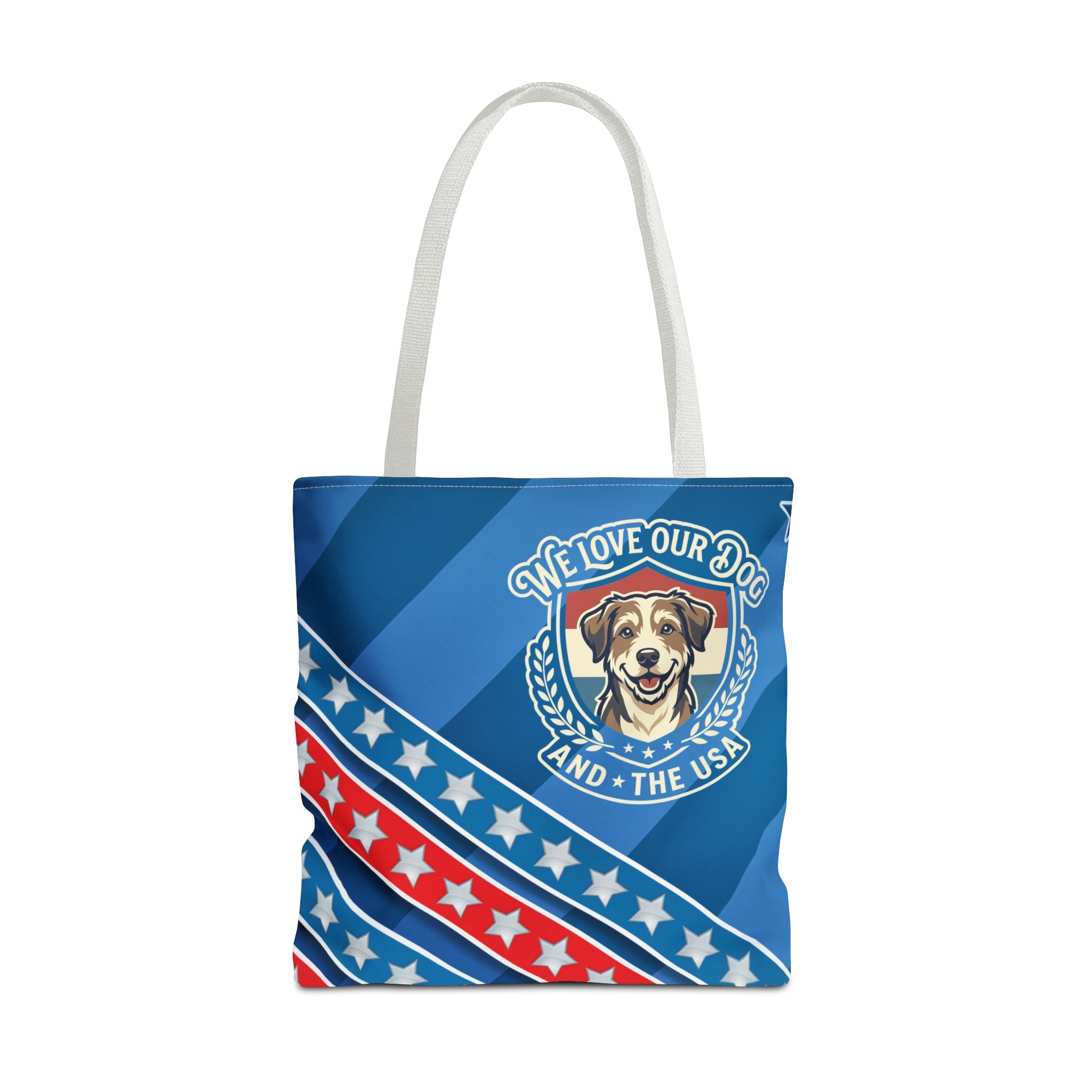 Patriotic Dog Tote Bag — "We Love Our Dog and the USA" AOP Tote