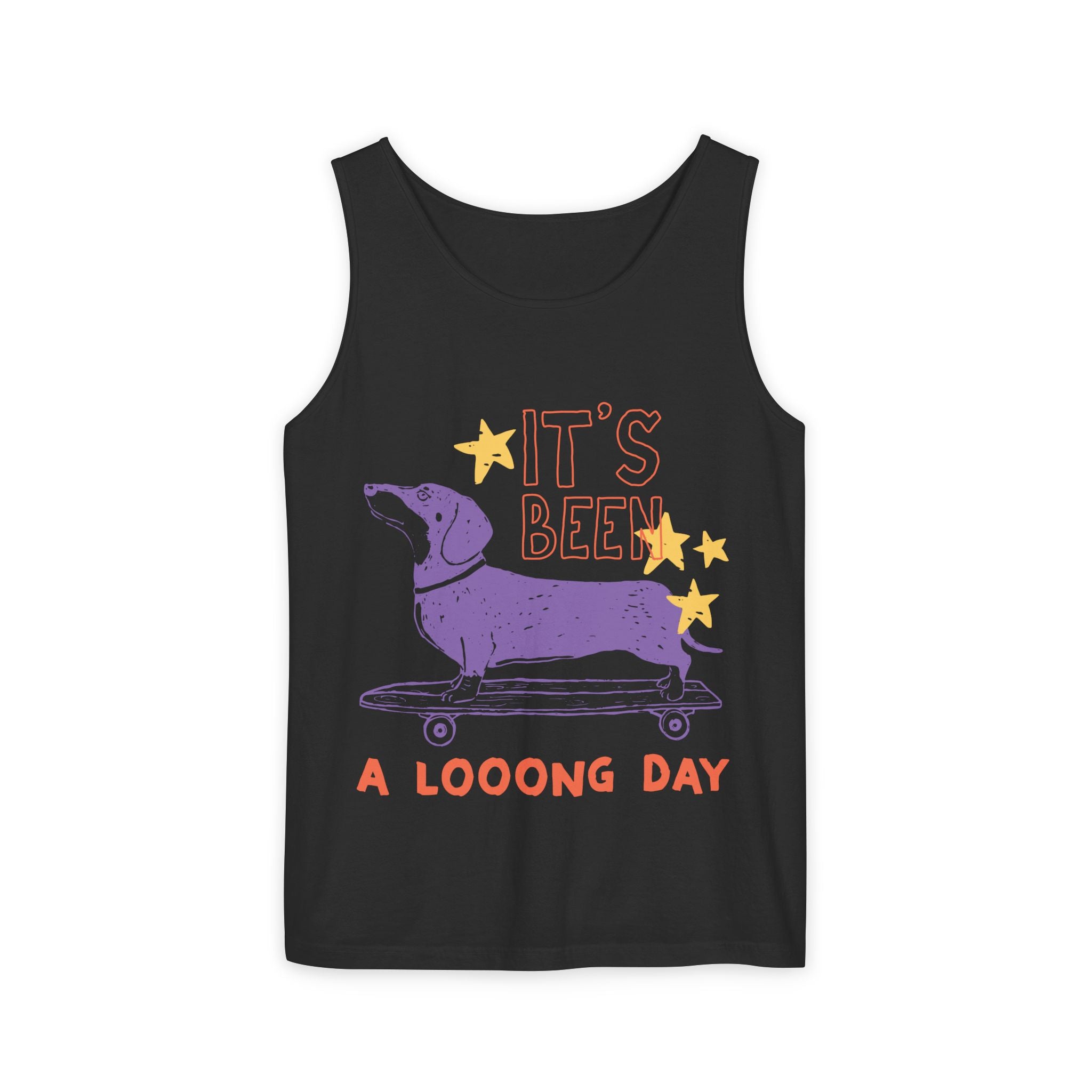 Dachshund Skateboard Tank — "It's Been a Looong Day" Cute Dog Graphic Tank Top
