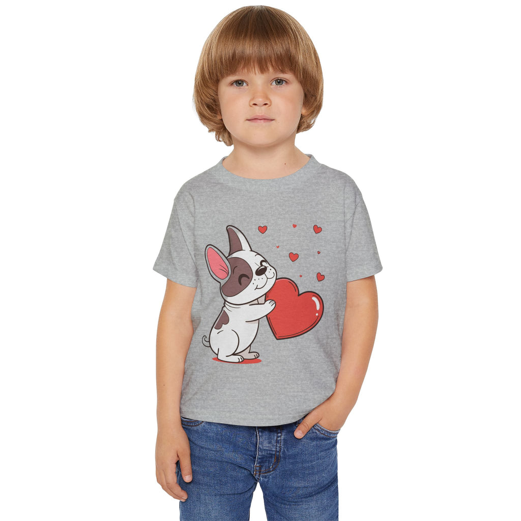 Toddler T-Shirt — Cute French Bulldog Hugging Heart with Colorful Paw Prints