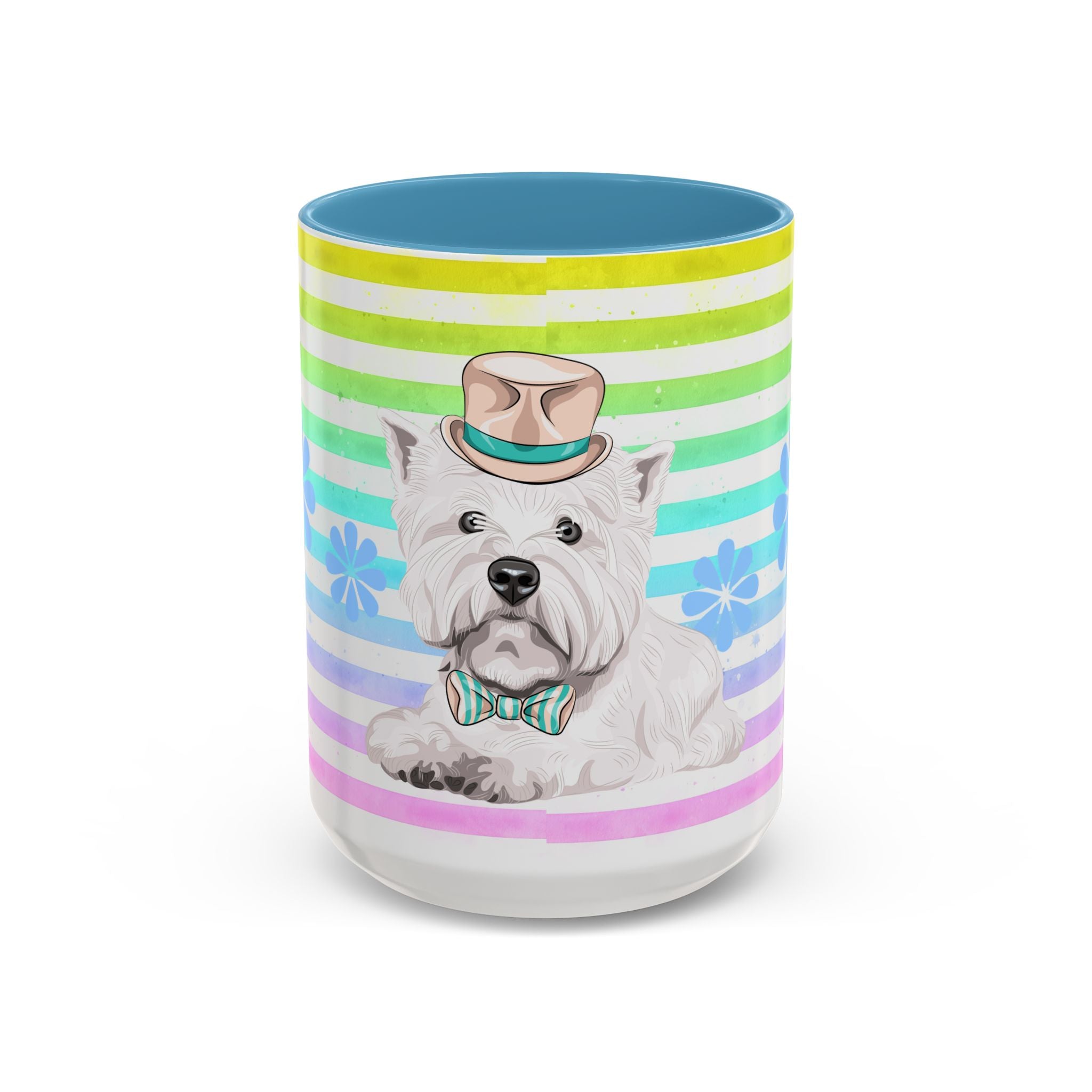 West Highland Terrier Coffee Mug — Cute White Pup on Rainbow Stripes (Accent Mug 11/15oz)