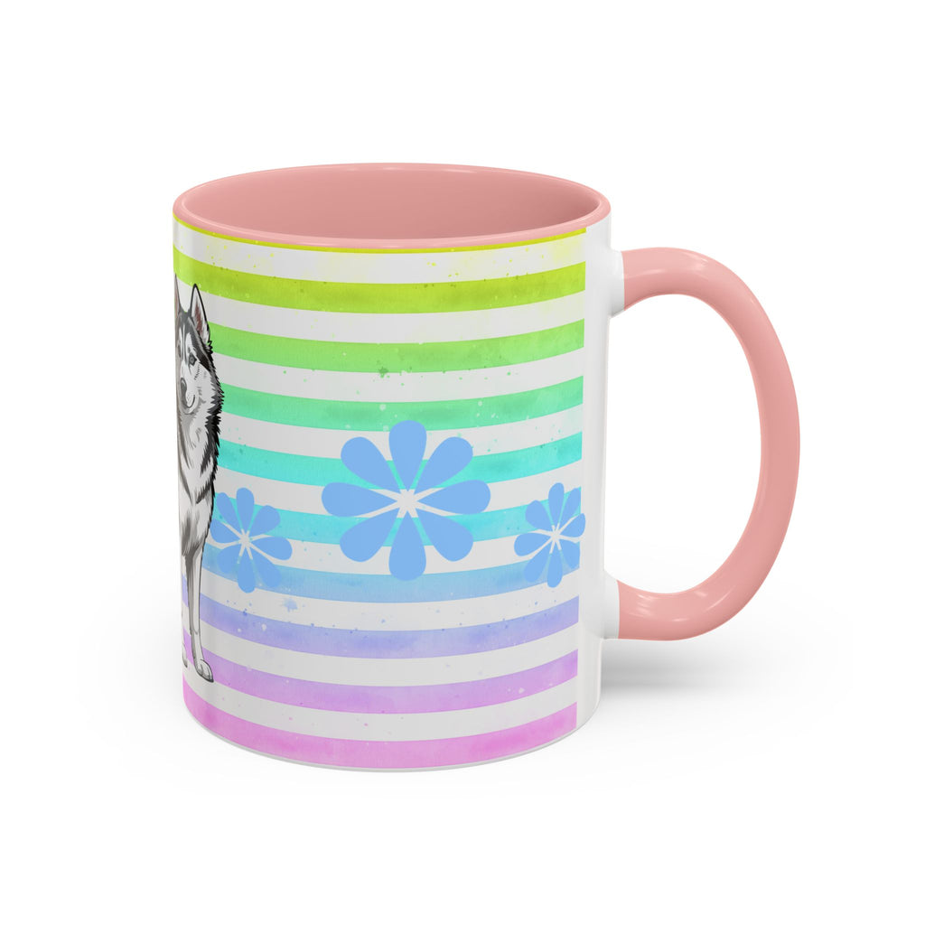 Siberian Husky Coffee Mug — Cute Black & Husky Pup on Rainbow Stripes (Accent Mug 11/15oz)