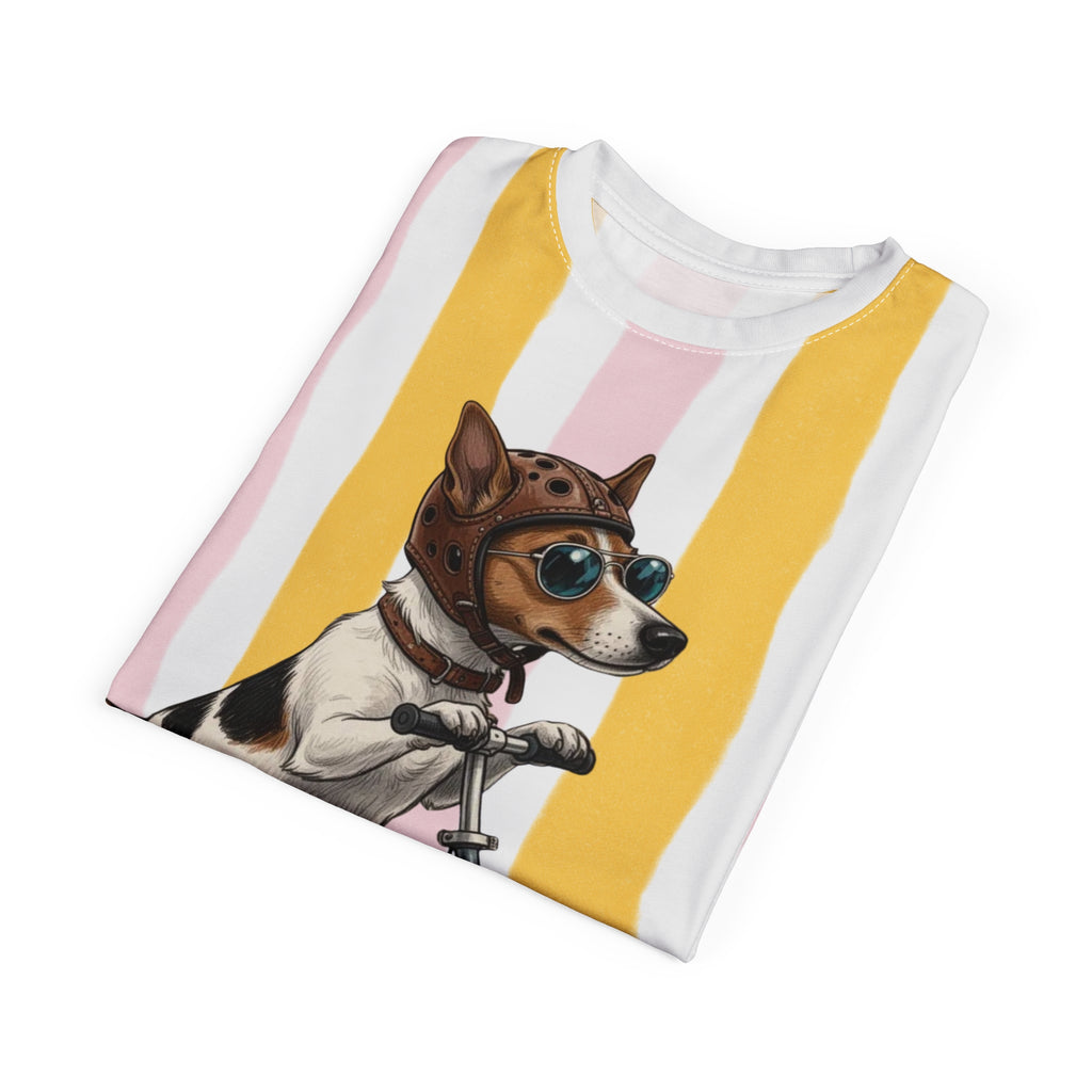 Scooter Dog Tee — "Life is Good" Striped All-Over Print T-Shirt