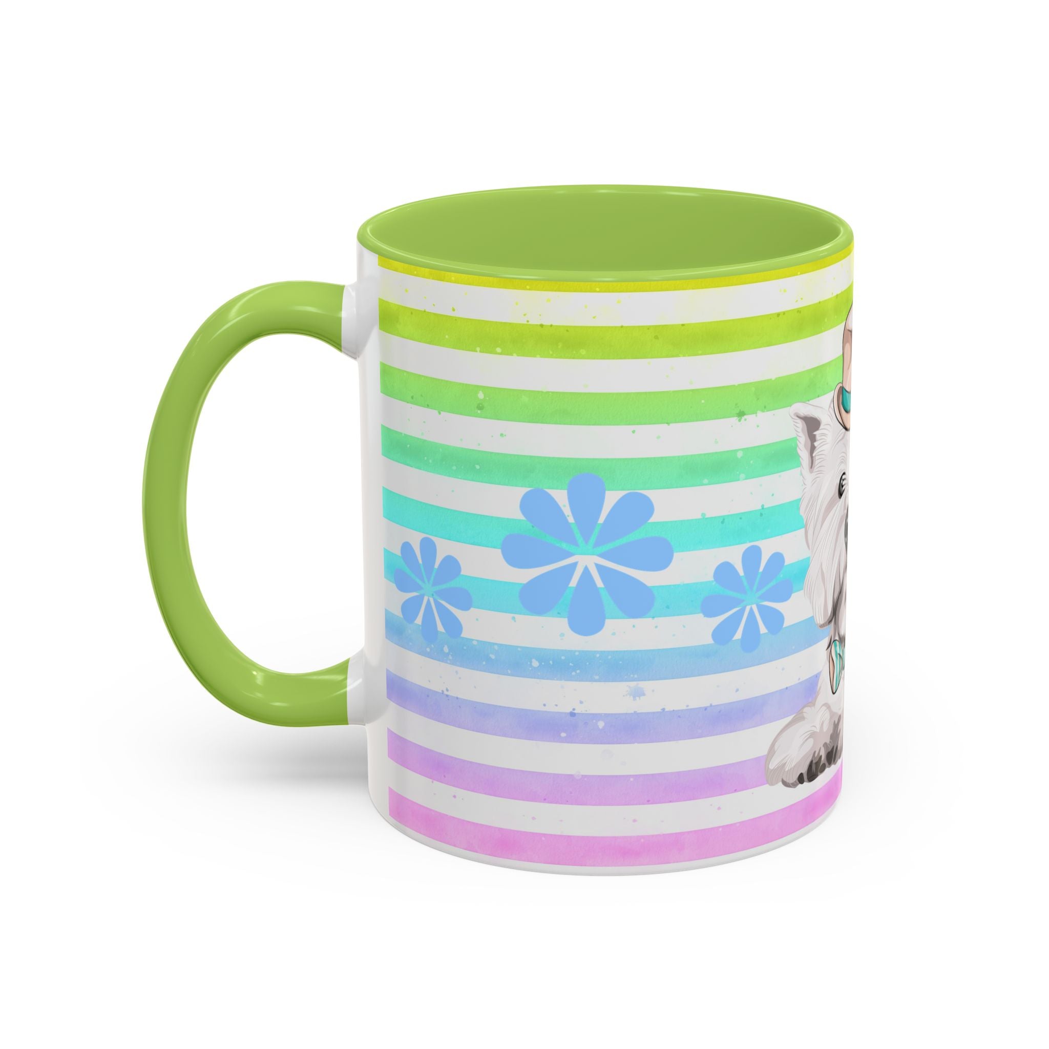 West Highland Terrier Coffee Mug — Cute White Pup on Rainbow Stripes (Accent Mug 11/15oz)