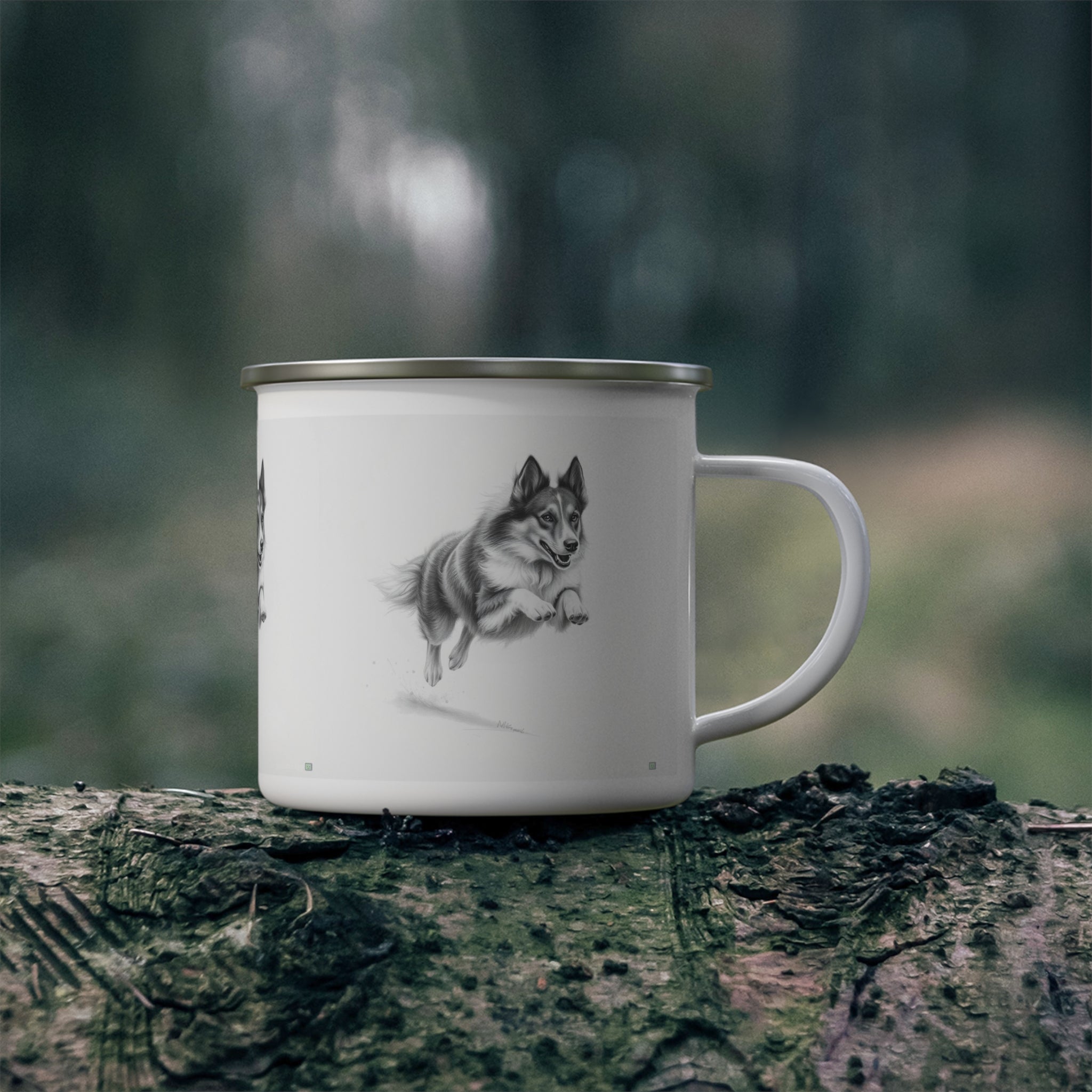Enamel Mug — Leaping Husky Camping Cup, Vintage Black & White Dog Illustration