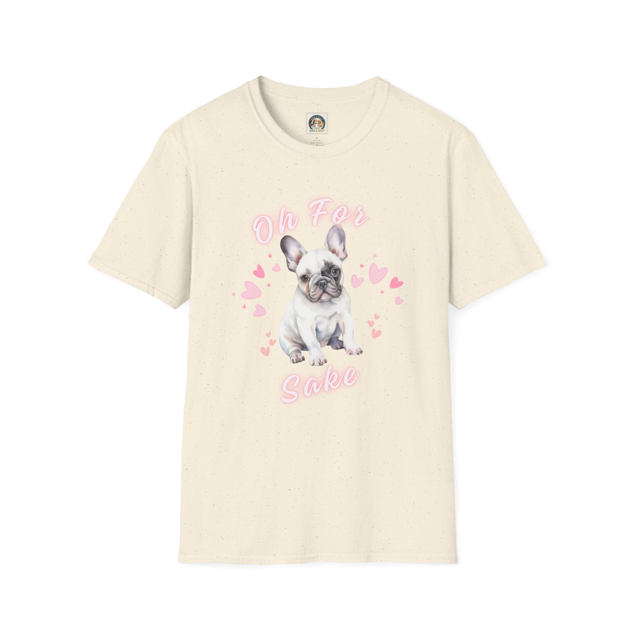 Cute French Bulldog T‑Shirt — "Oh For Frenchies Sake" Pink Heart Puppy Tee