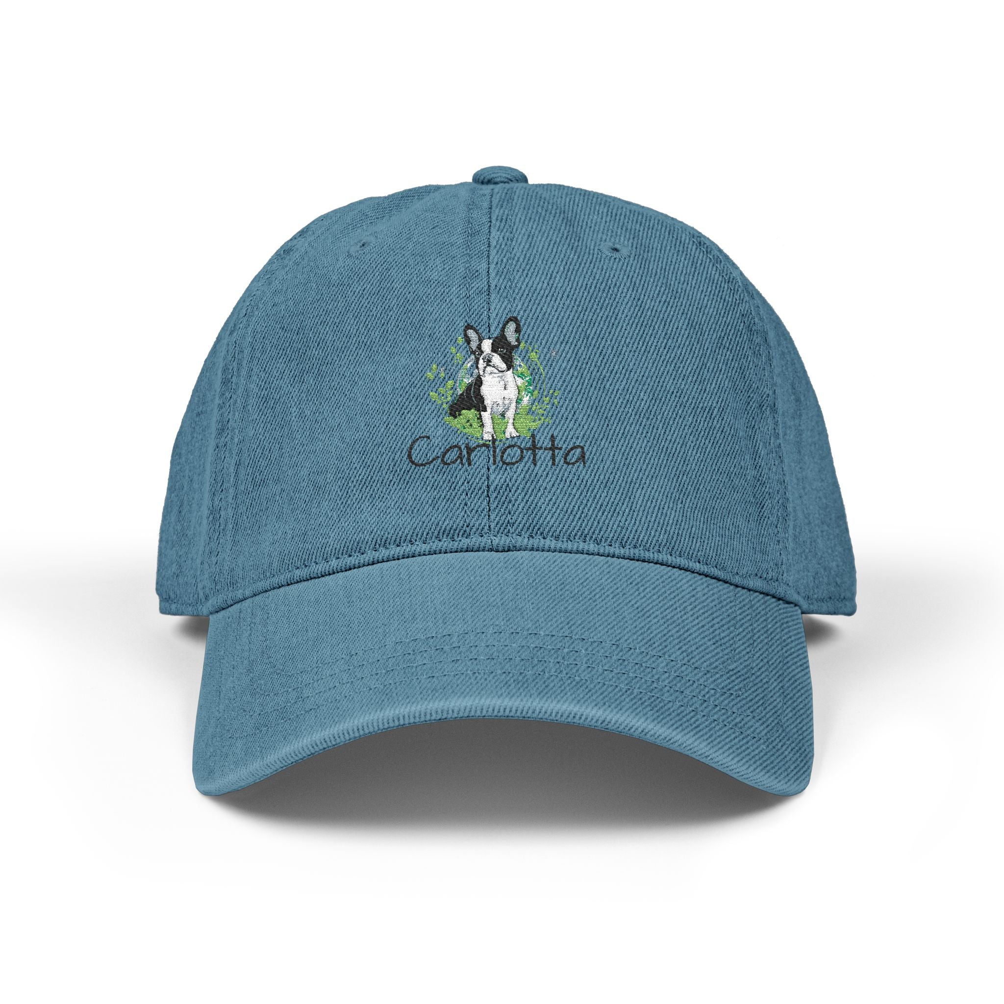 Embroidered Green Floral Pug Denim Hat — Vintage Casual Baseball Cap