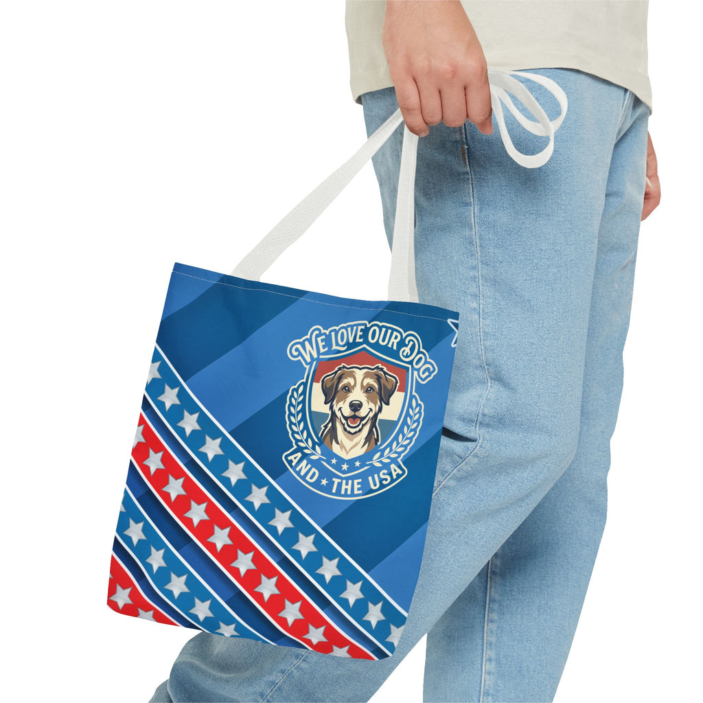 Patriotic Dog Tote Bag — "We Love Our Dog and the USA" AOP Tote
