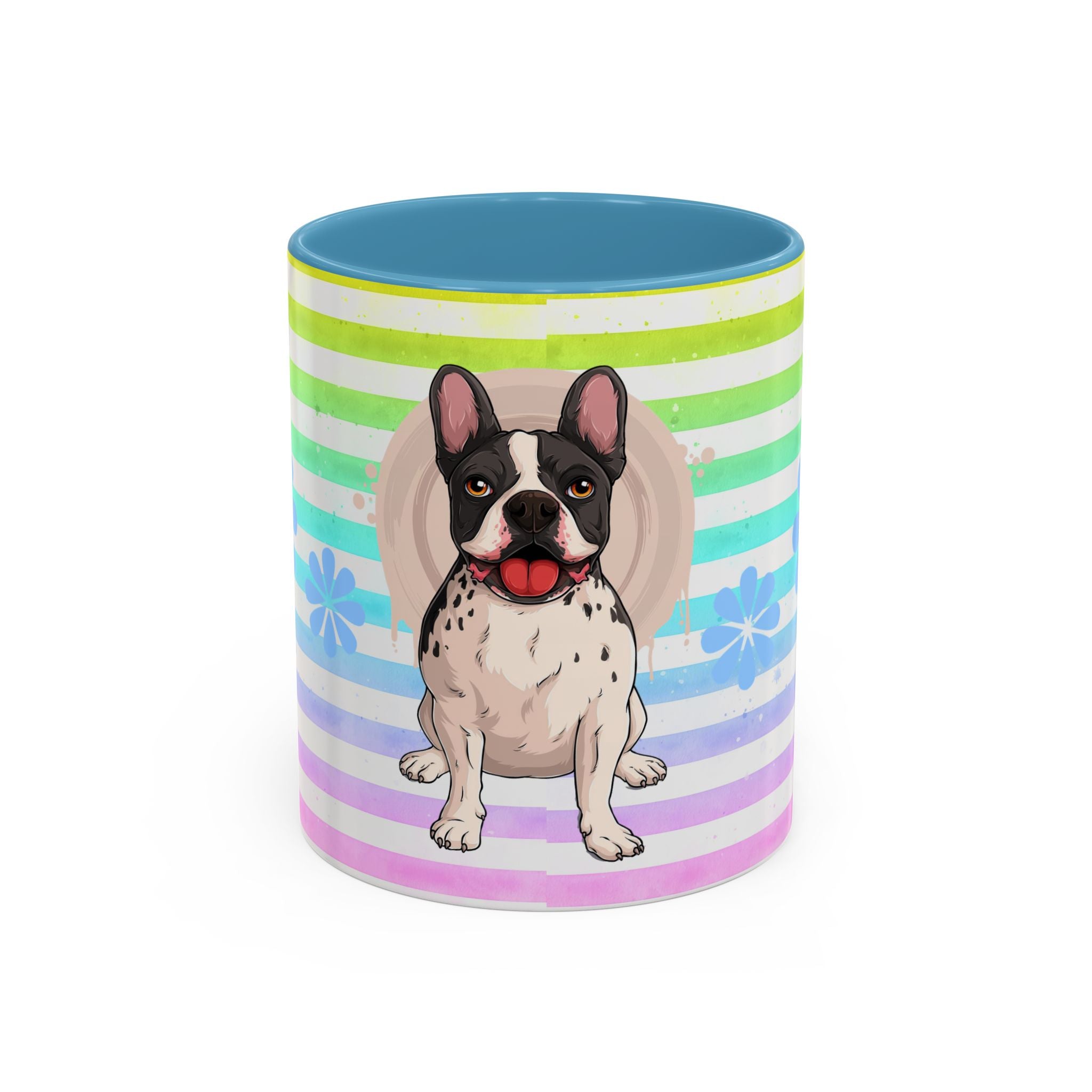 French Bulldog Coffee Mug — Cute Black & White Pup on Rainbow Stripes (Accent Mug 11/15oz)