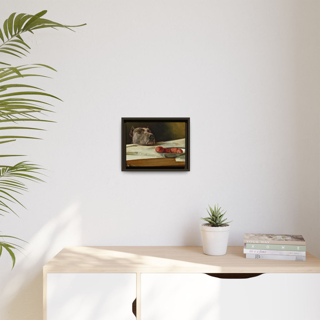 Framed Matte Canvas Print — Great Dane Dog & The Sausage Still Life Wall Art