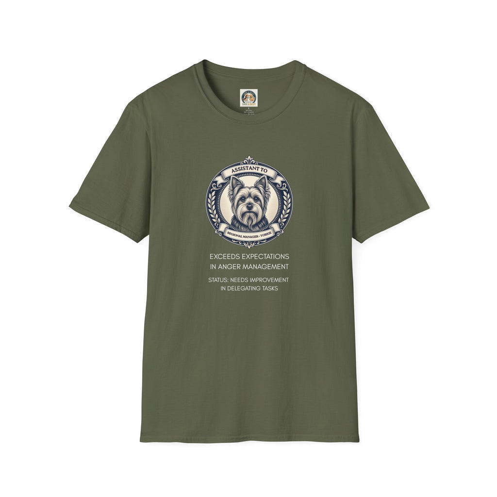 Yorkie T-Shirt — "Assistant to the Regional Manager" Funny Yorkshire Terrier Tee