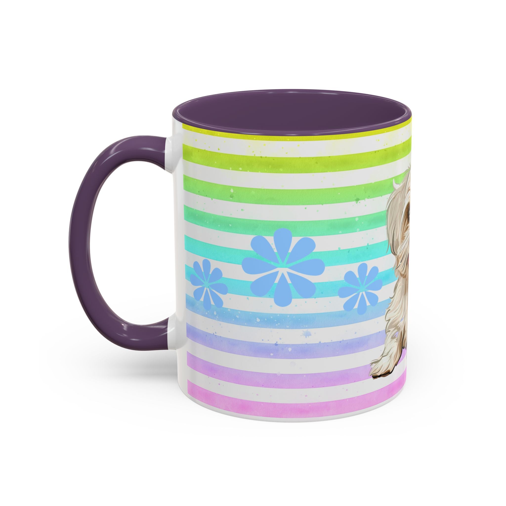 Maltese Dog Coffee Mug — Cute White Pup on Rainbow Stripes