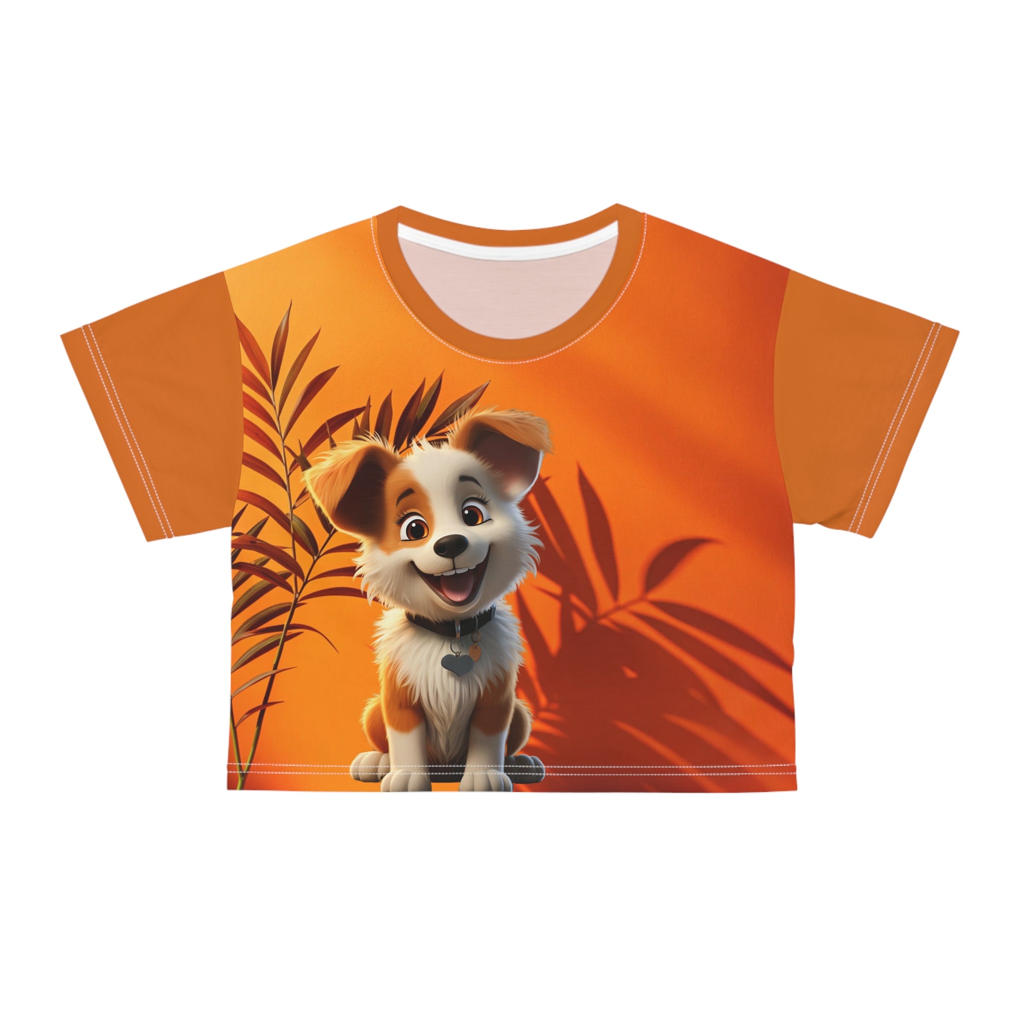Cute Puppy Crop Tee — Sunny Orange All-Over Print