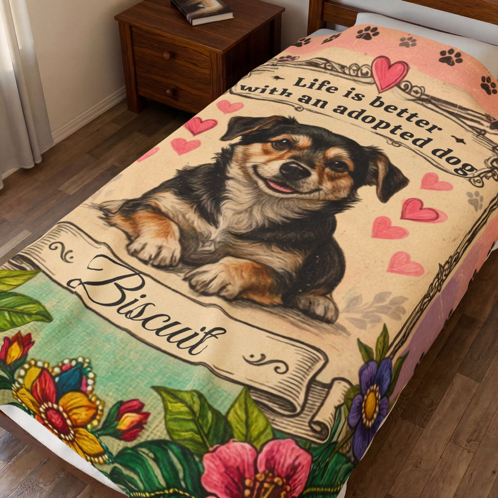 Personalized Dog Portrait Blanket — Hearts & Flowers Adopted Dog | Custom Name & Photo