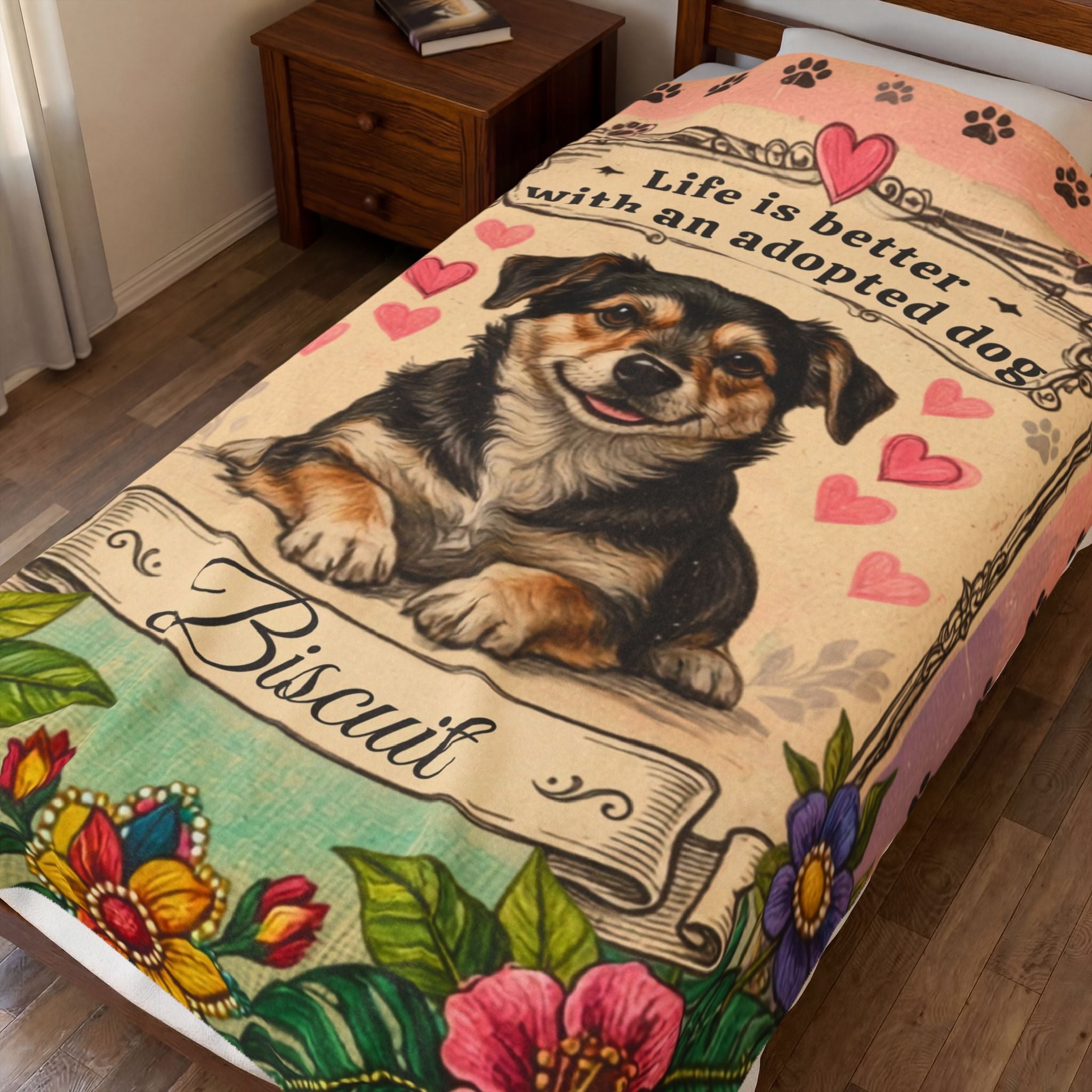 Personalized Dog Portrait Blanket — Hearts & Flowers Adopted Dog | Custom Name & Photo