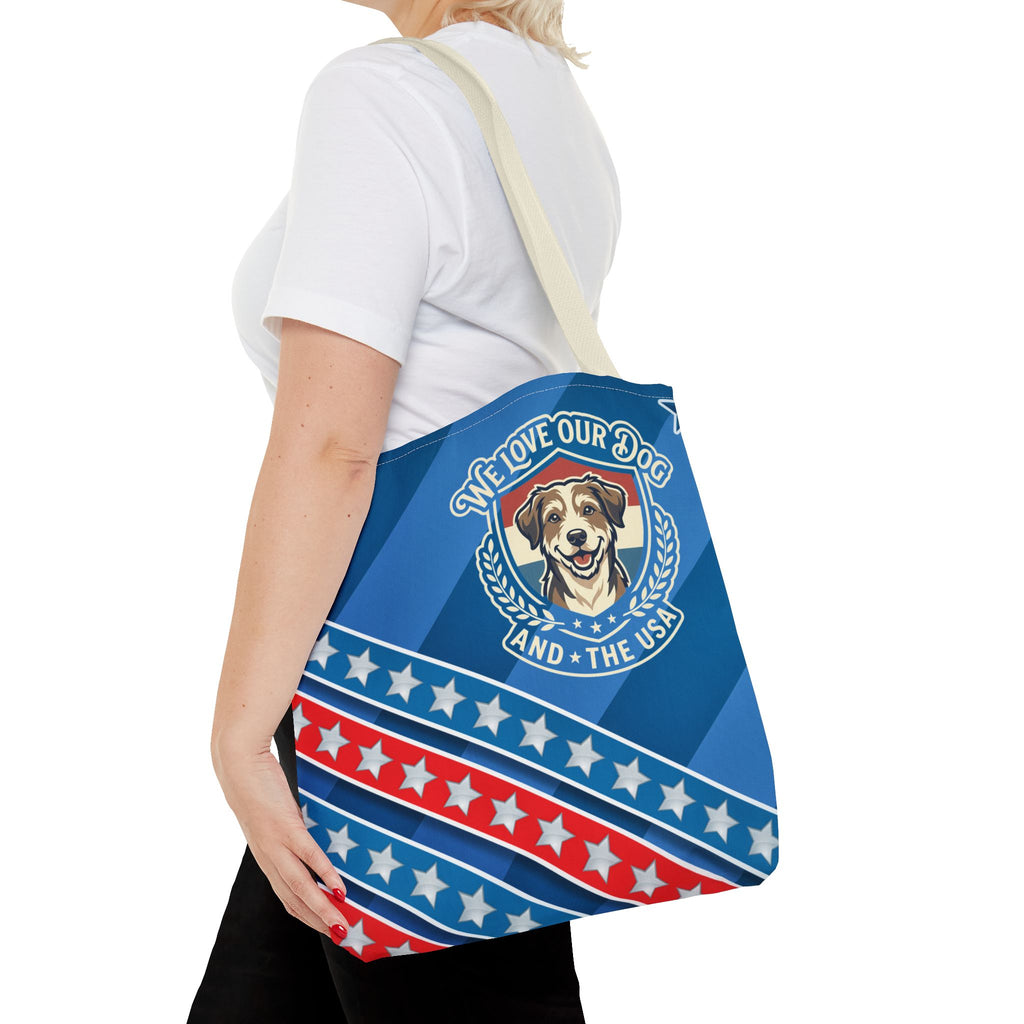 Patriotic Dog Tote Bag — "We Love Our Dog and the USA" AOP Tote