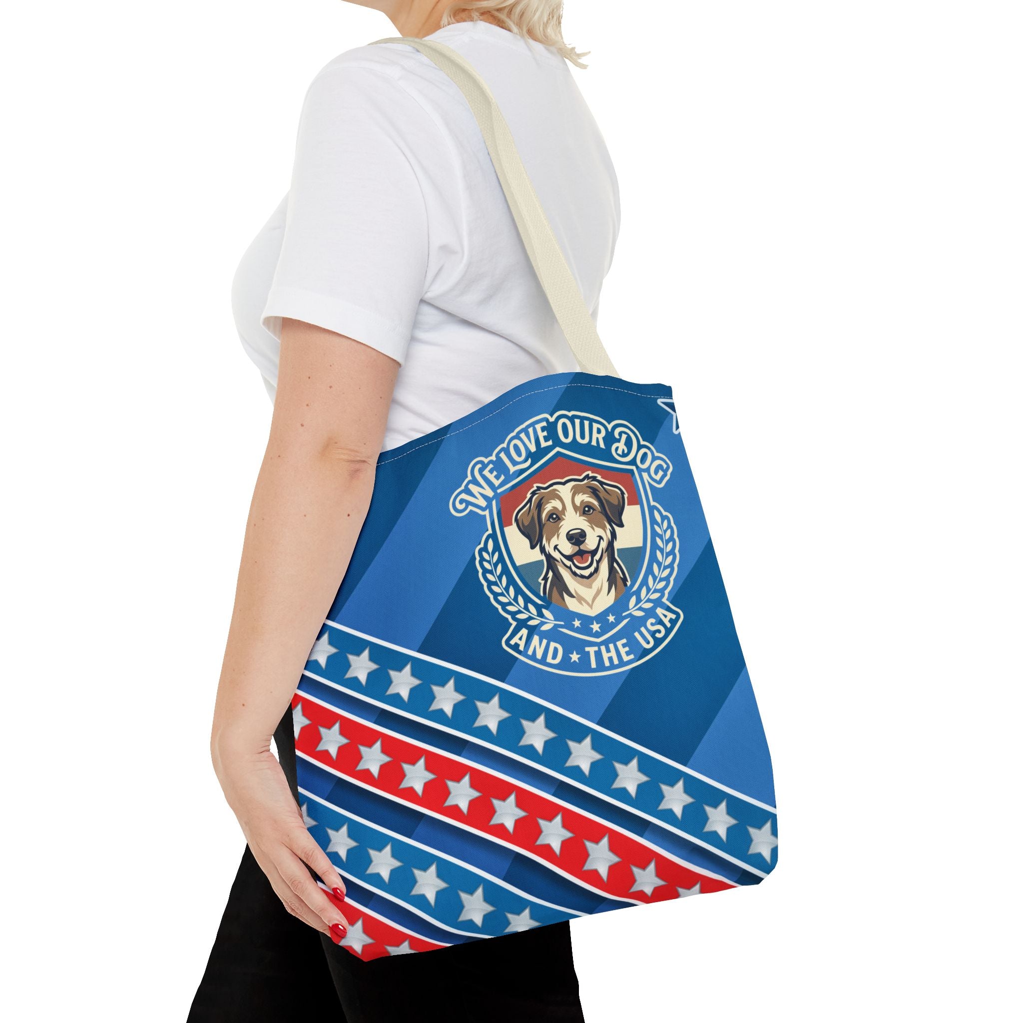 Patriotic Dog Tote Bag — "We Love Our Dog and the USA" AOP Tote