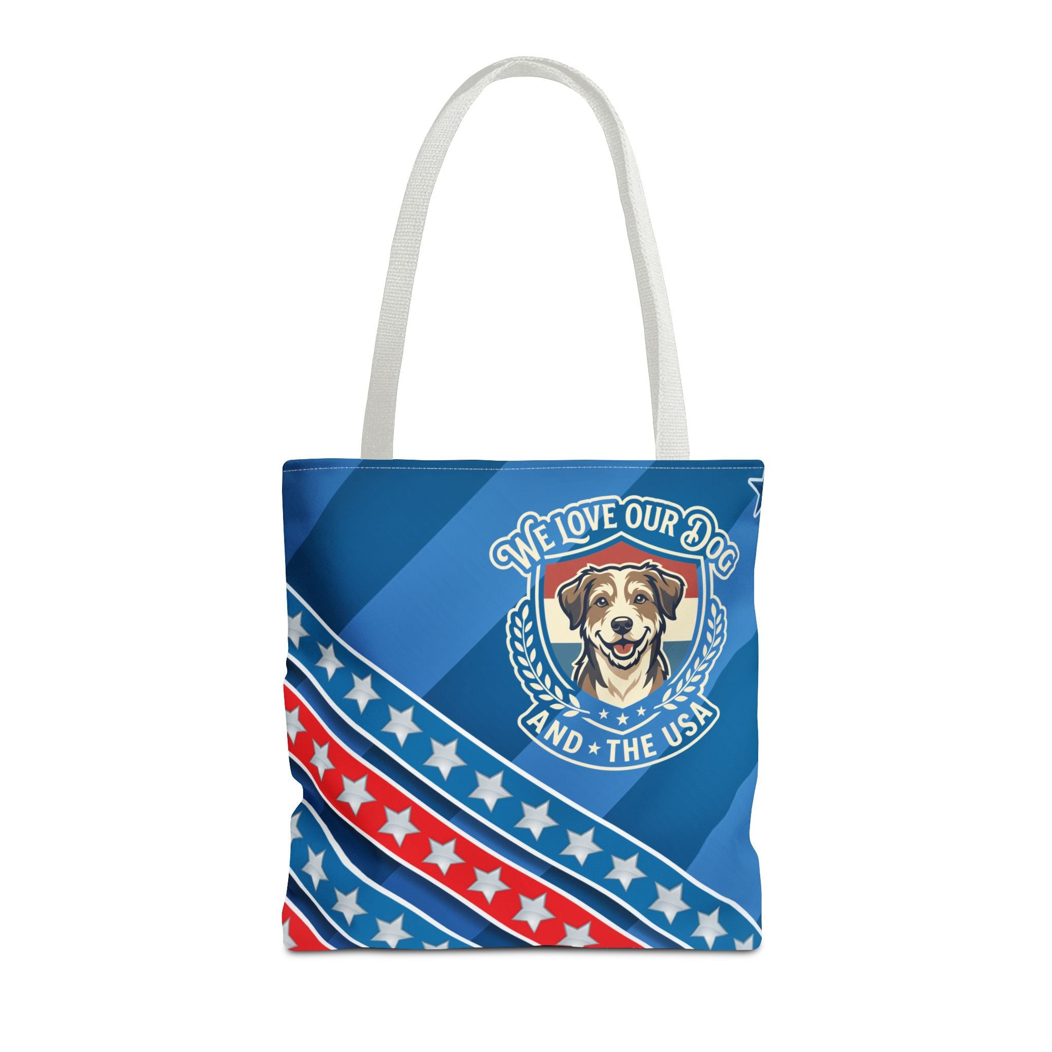 Patriotic Dog Tote Bag — "We Love Our Dog and the USA" AOP Tote