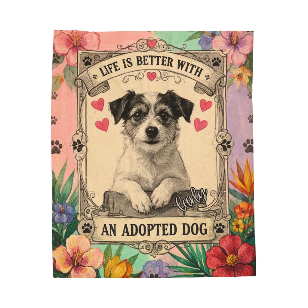 Personalized Dog Portrait Blanket — Pastel Floral & Adopted Dog | Custom Name & Photo
