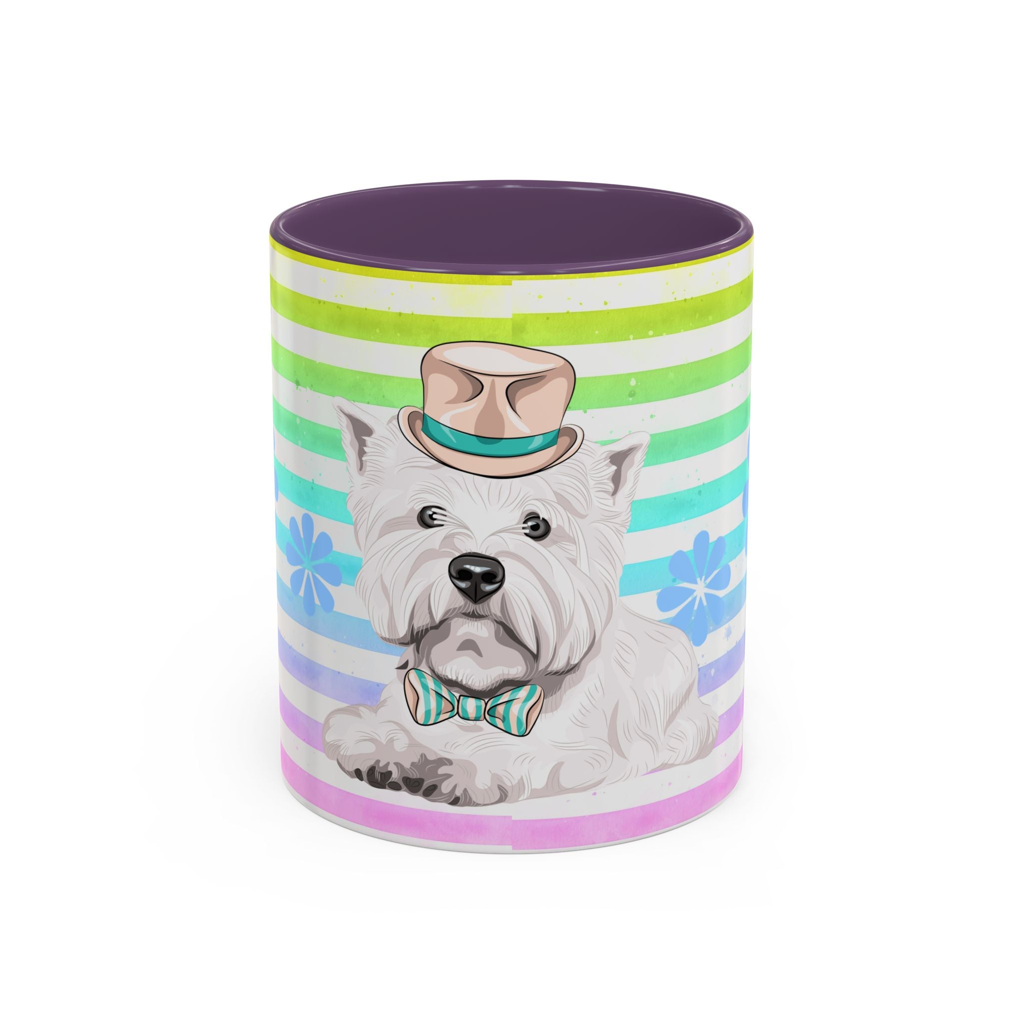 West Highland Terrier Coffee Mug — Cute White Pup on Rainbow Stripes (Accent Mug 11/15oz)