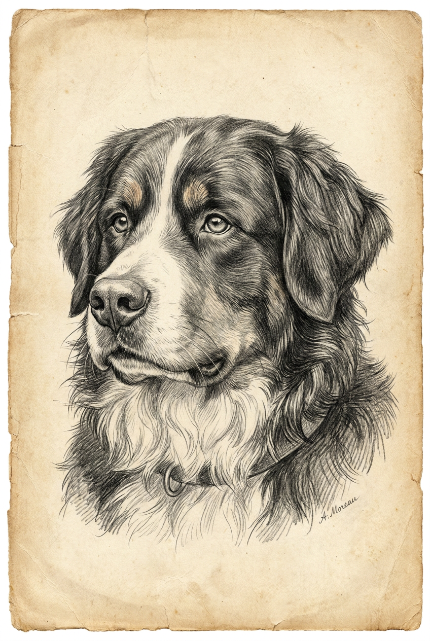 Bernese Mountain Dog Pencil Portrait – Downloadable Wall Art