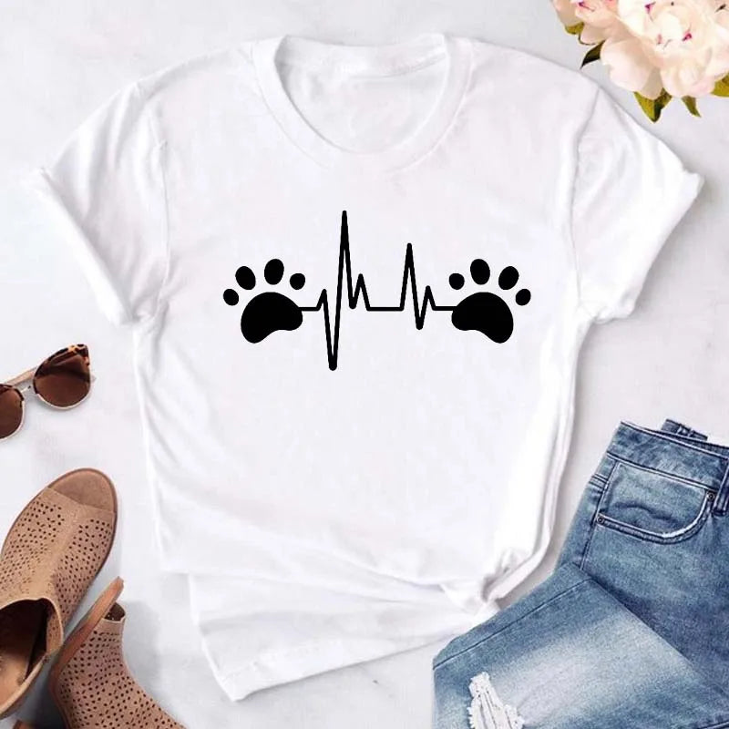 Dog Paw Heart Print T-Shirt — Funny Cartoon Tee for Dog Lovers